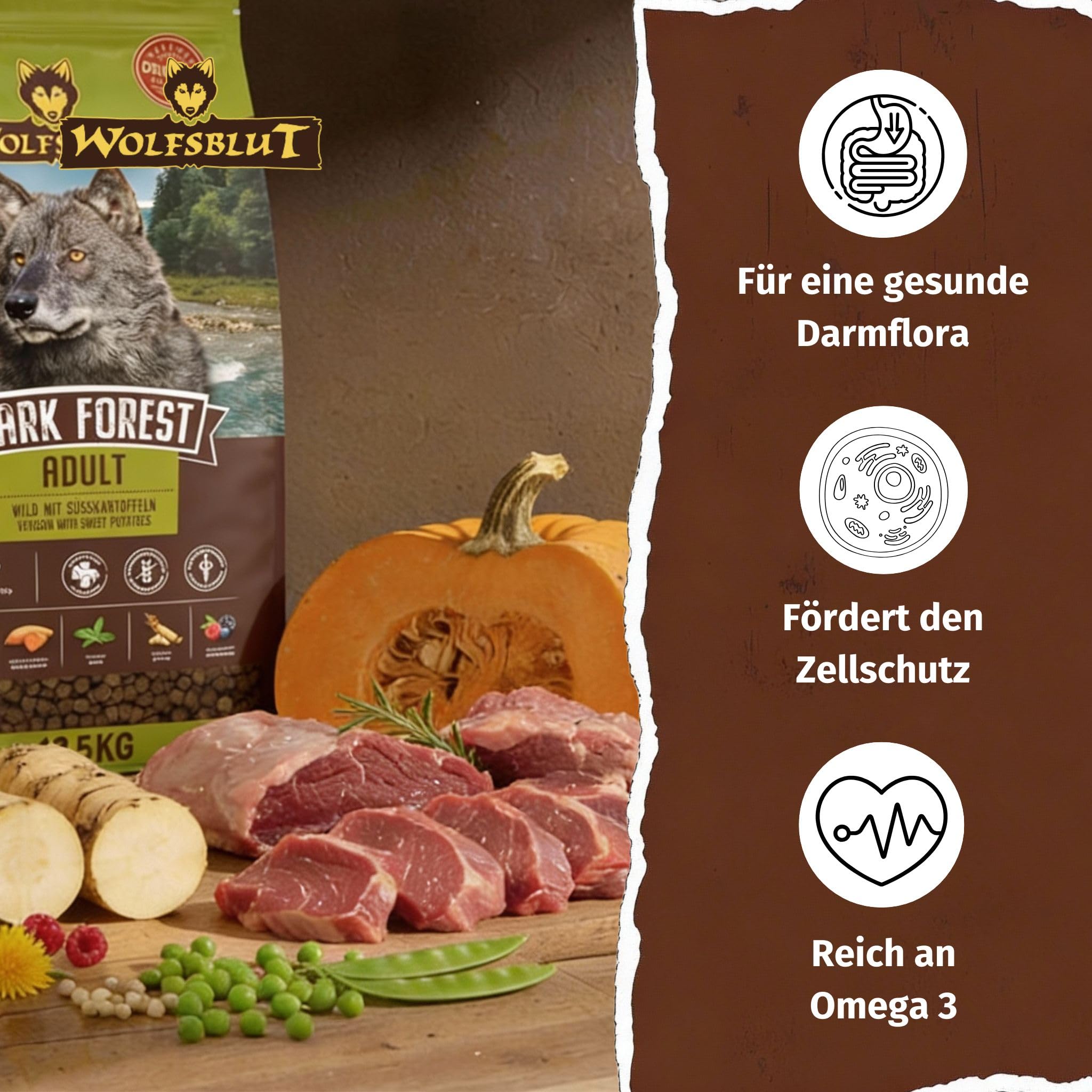 WOLFSBLUT – Dark Forest Adult | Trockenfutter mit natürlichen Zutaten und wertvollen Superfoods für ausgewachsene Hunde. Getreidefreies Alleinfutter ohne Zusatzstoffe im Beutel | 12,5kg Wild