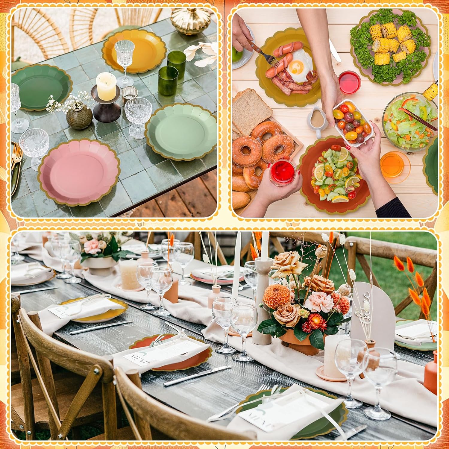 96 Pcs Colorful Paper Plates 9 Inch Boho Scalloped Paper Disposable Dinner Dessert Plates for Birthday Wedding Bridal Party Supplies, 6 Colors