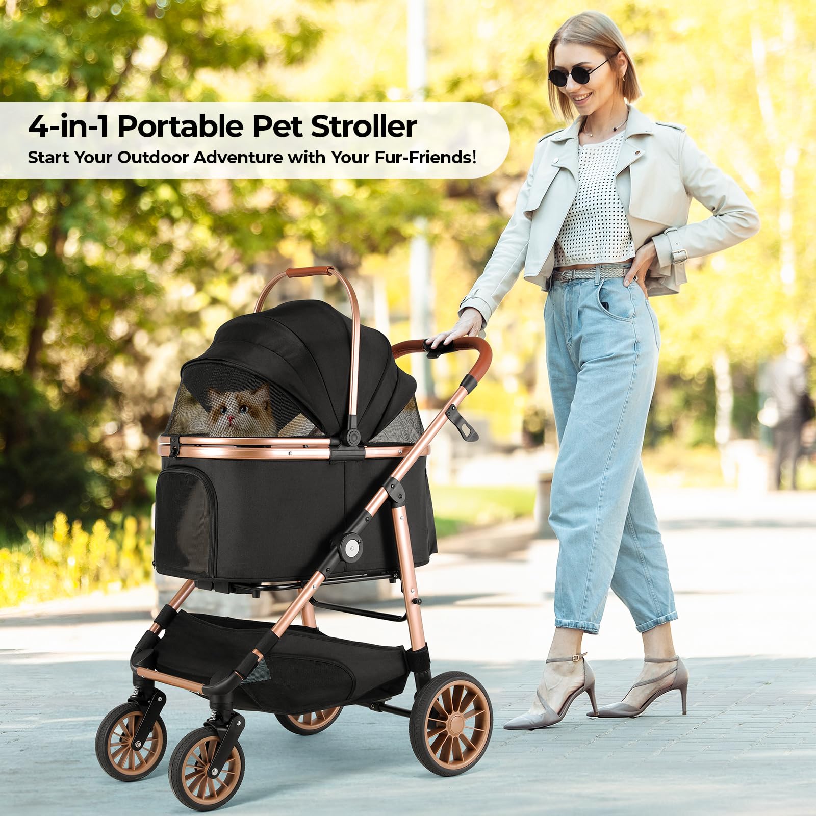 MAMIZO Poussette pour Chien 4 en 1, Pliable jusqu'à 25 kg, Sac de Transport Pliable, 4 PCS Roues Caoutchouc 360° avec Suspension Amortissante, Poussette Chien Tout Terrain (Noir)