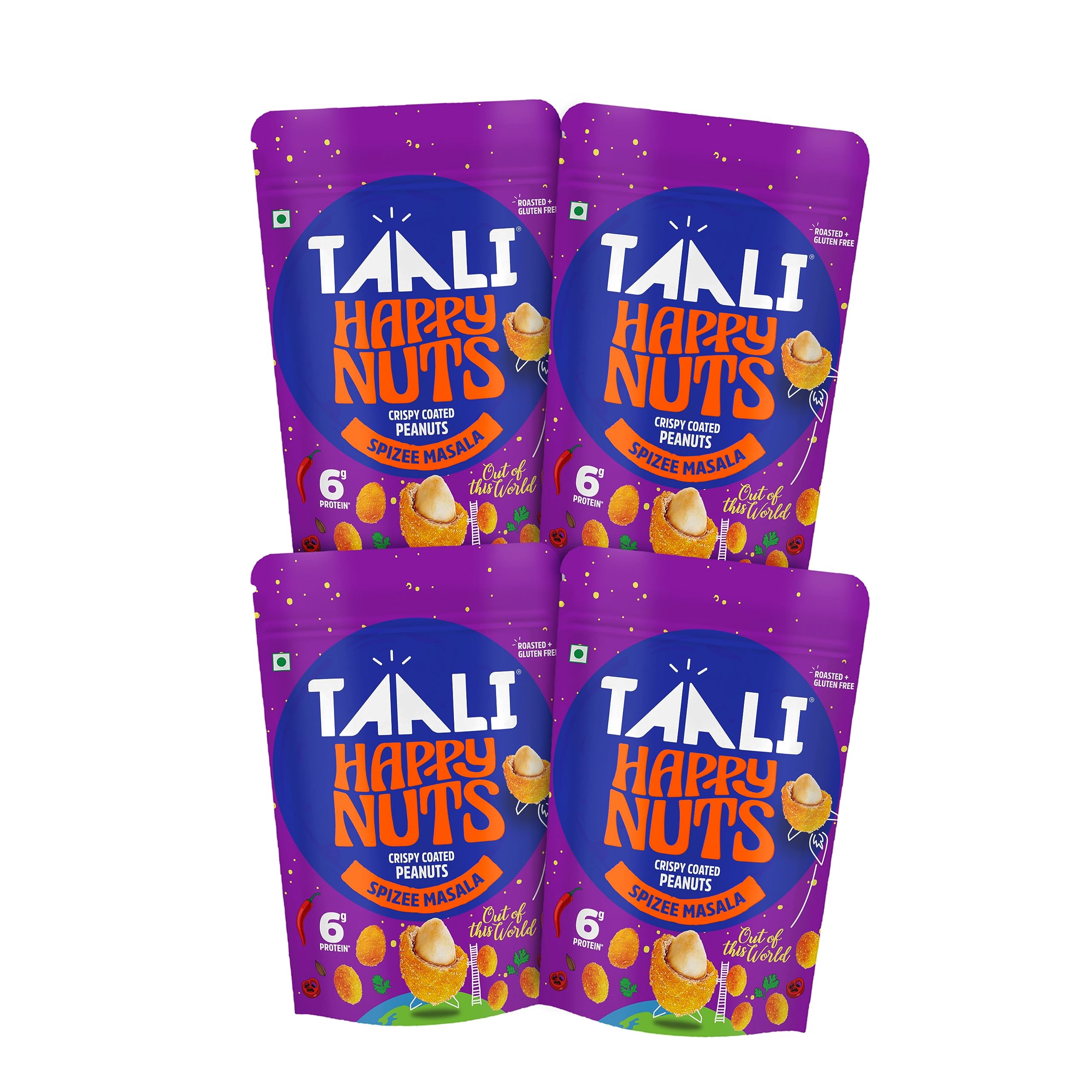 Taali Coated Flavour Peanuts | Spizee Masala | Crispy, Roasted Not Fried, Happy Nuts, No Palm Oil, No Maida, 140g (Pack of 4)