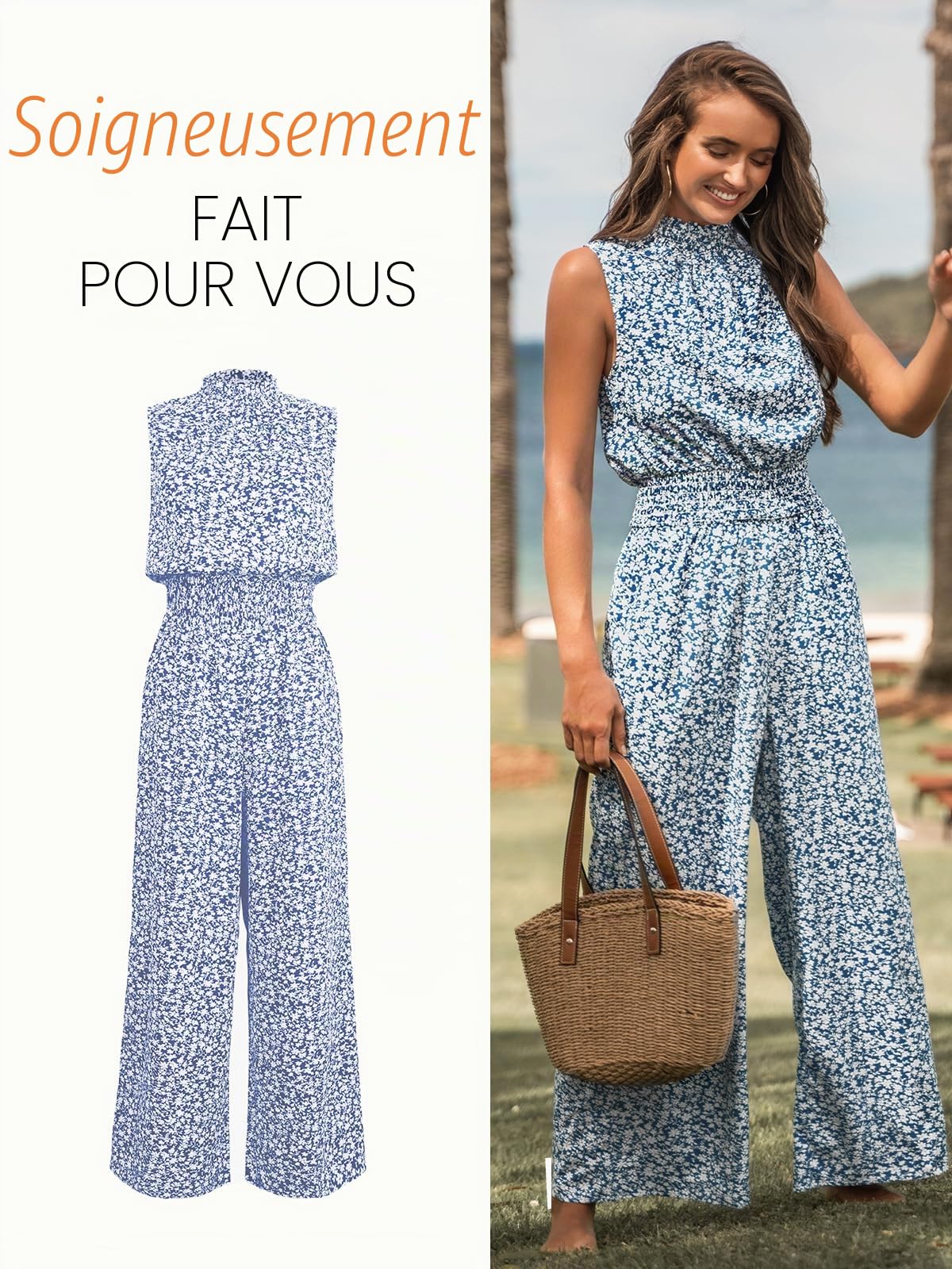 CUPSHE Combinaison d'été pour femme avec poche, col montant, taille élastique, jambes larges, robe décontractée pour les affaires, les mariages, les vacances