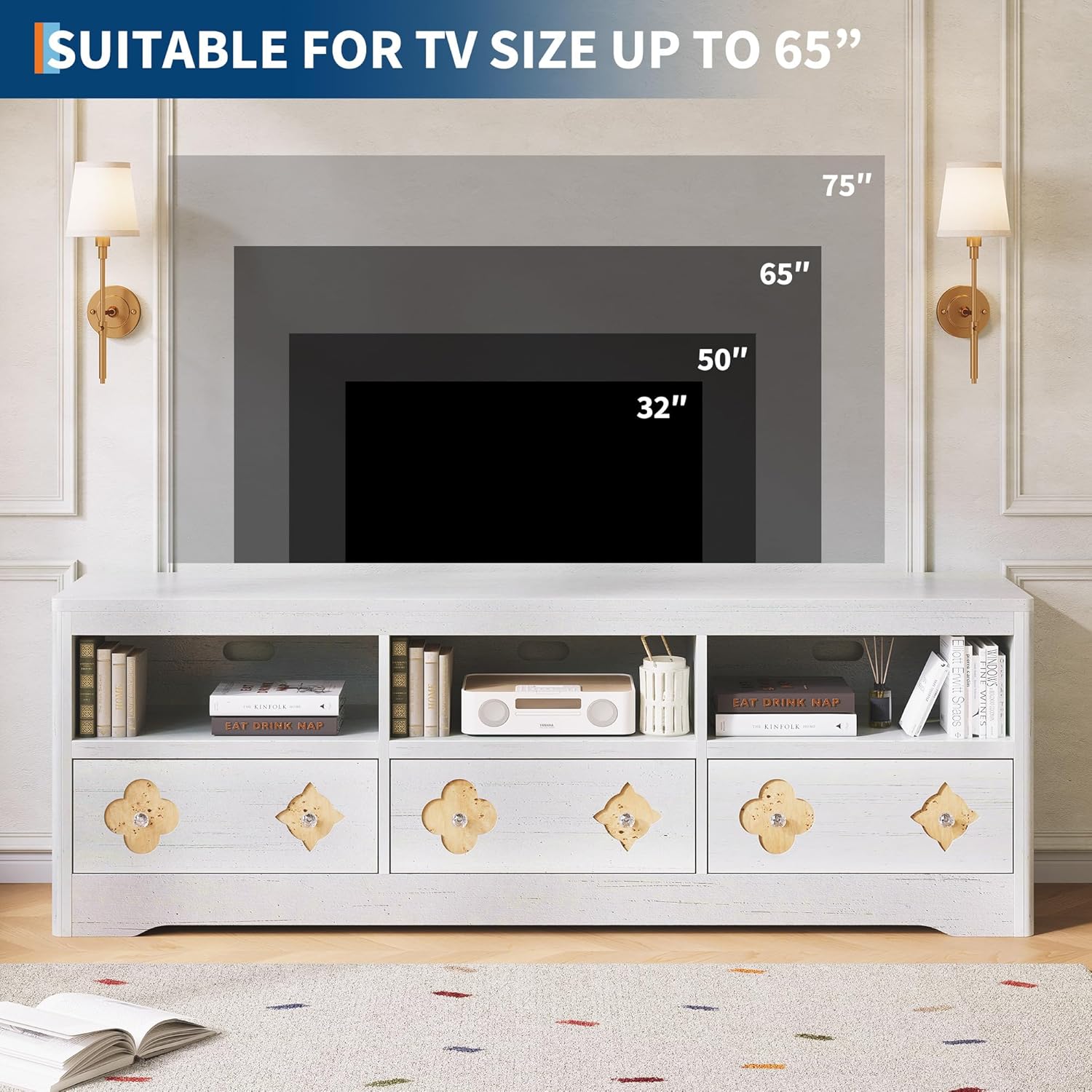 Garvee 70in TV Stand for TVs Up to 85", Mid Century Modern Entertainment Center with Storage Engraving Drawer and Open Shelves, TV Console Media Cabinet for Living Room, Bedroom