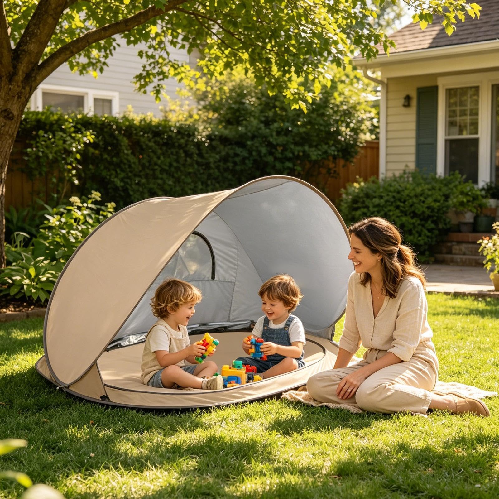 Tente De Plage Pop-Up, Abri Solaire Instantané avec Sol Amovible, Protection UV, Hauteur Réglable Maille Ventilati, Pliable Facile avec Sacs - pour 2 À 3 Personnes Plage Camping