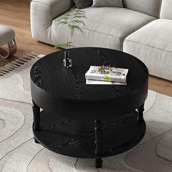 31.5 Round Mid Century Modern Coffee Table, Flip-Top Design with 2-Tier Storage & Hidden Compartment, Wooden Center Table with Adjustable Leveling Feet for Living Room, Office (Black)