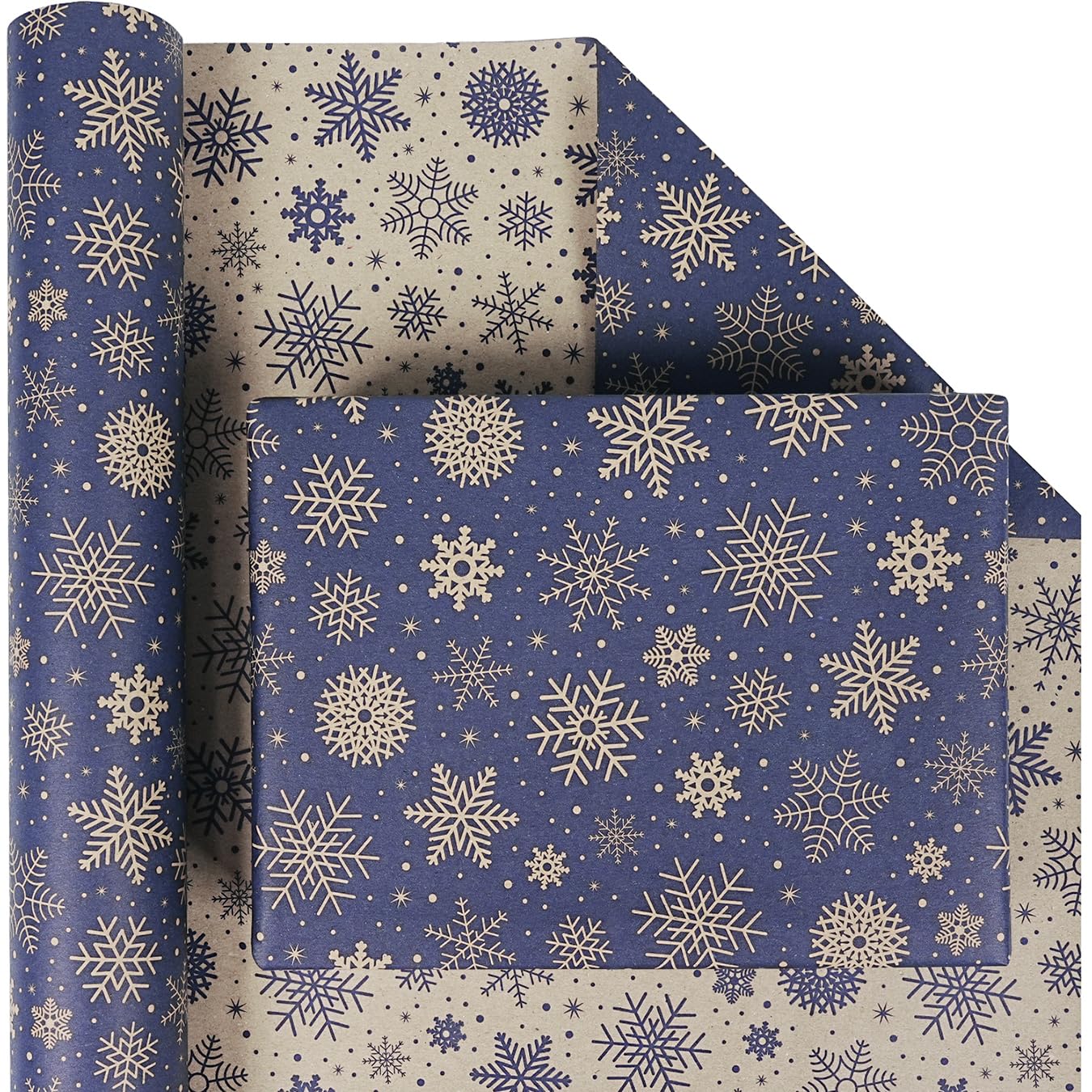 Reversible Christmas Wrapping Paper Roll - Navy Blue and Brown Snowflakes Design, 43cm x 10m Blue Kraft Snowflakes Gift Wrapping Paper for Christmas New Year Winter Holiday Party Gift Decorations
