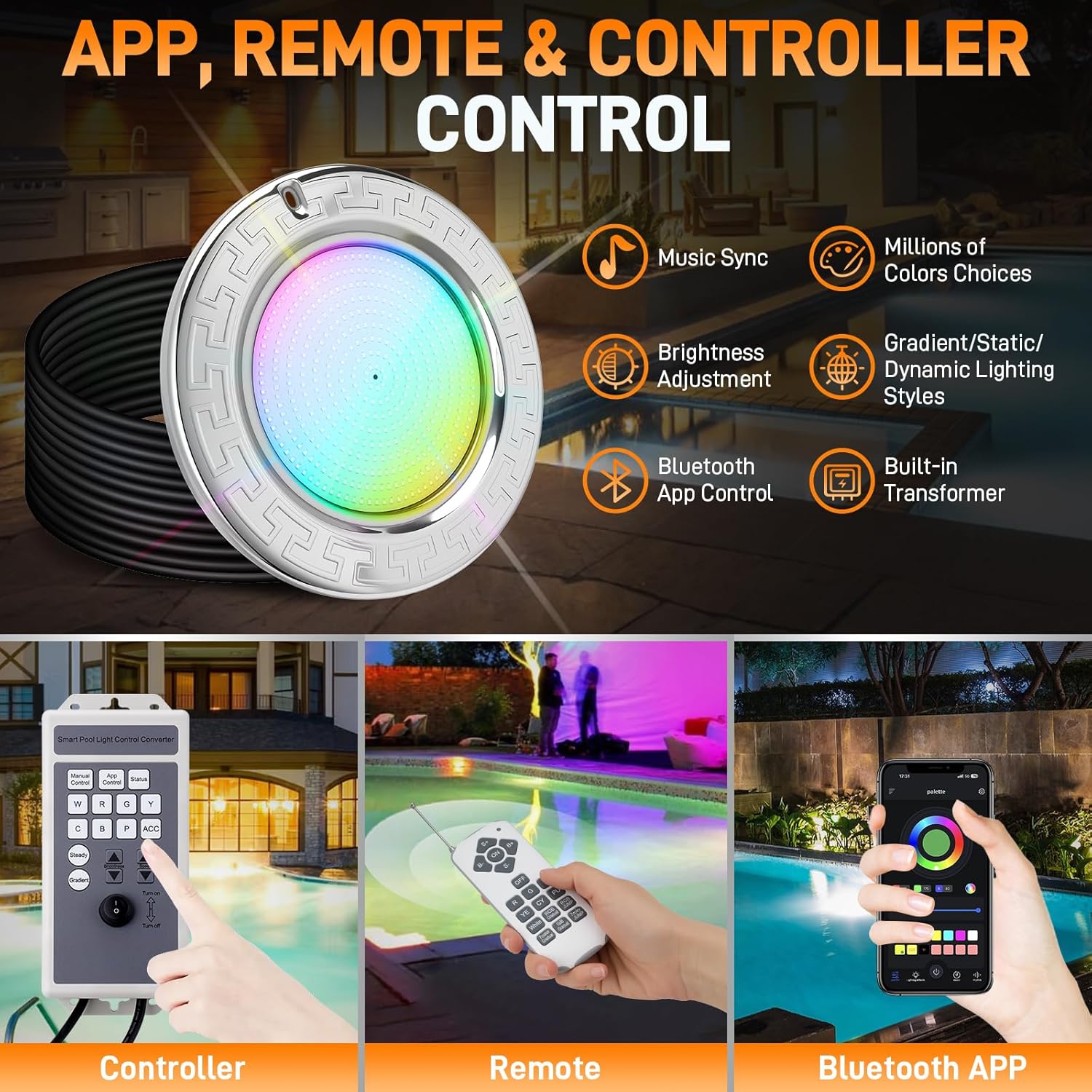 10 Inch LED Pool Light for Inground Pool, 50W Ultra Bright RGB Underwater Swimming Pool Light with Controller, Remote & APP Control, Color Change, Built-in 12V Transformer (120V Input), 50FT Cord