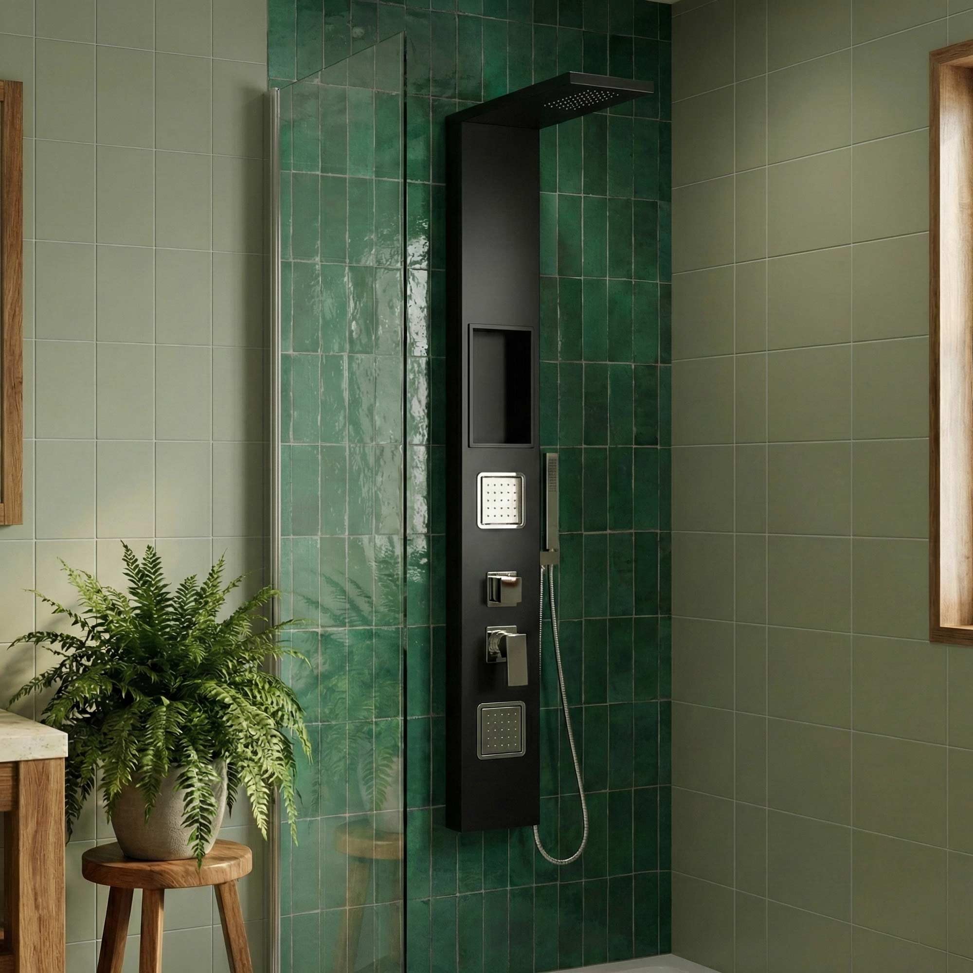 Duschpaneel Schwarz Matt mit Mischerventil inkl. integrierter Wandnische | Massagedusche paneel, Regendusche, Duschsystem mit Handbrause
