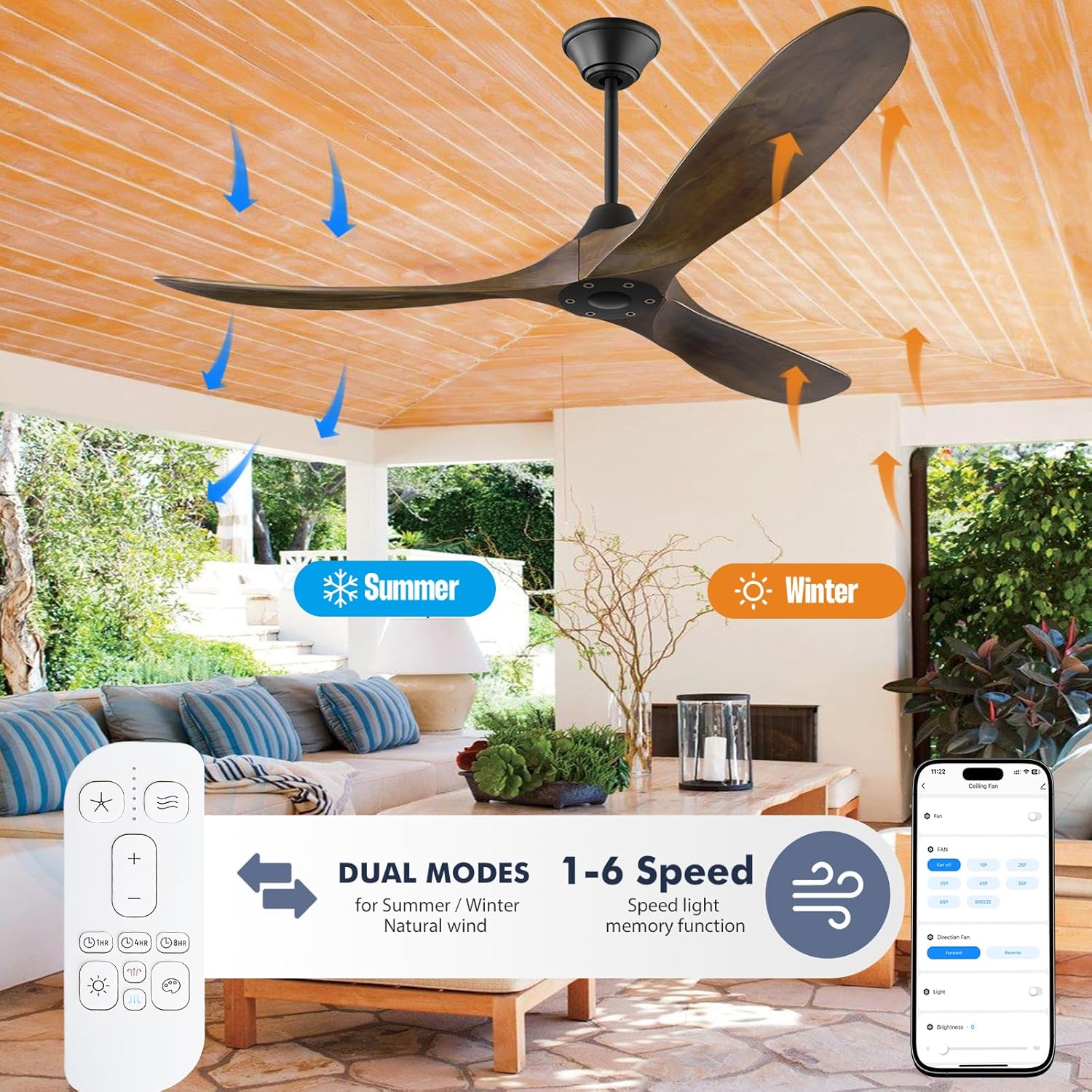 52 inch Smart Ceiling Fan without Lights, Outdoor Ceiling Fans for patios, Work with Alexa/Google/App, 3 Blade solid Wood Propeller DC Ceiling Fan no lights with Remote for Exterior Shop Gazebo Porch