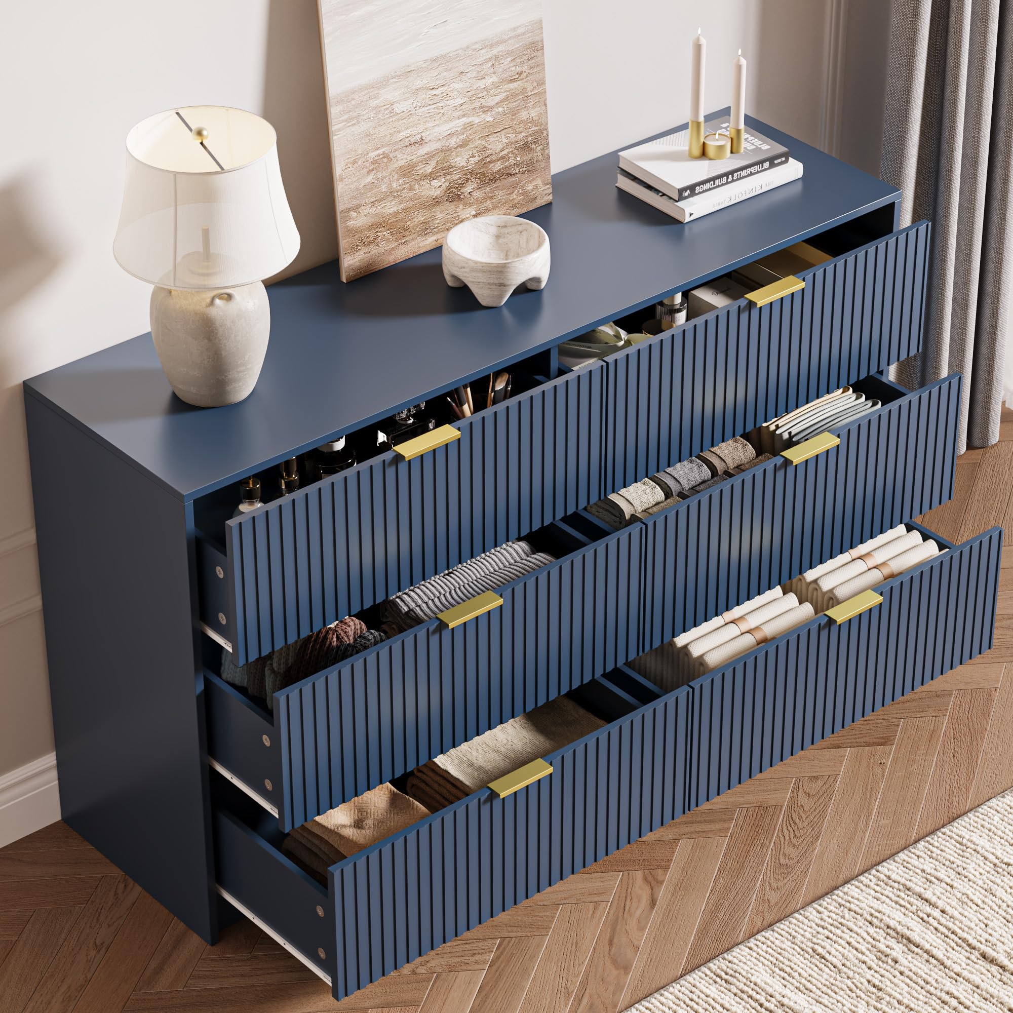 Amazon.com: MAISONARIA 6 Drawer Dresser for Bedroom, 55" Wide Modern Chest of Drawers with Gold Metal Handles, Fluted Wood TV Stand for Living Room, Hallway(Navy Blue) : Home & Kitchen Amazon.com: MAISONARIA 6 Drawer Dresser for Bedroom, 55" Wide Modern Chest of Drawers with Gold Metal Handles, Fluted Wood TV Stand for Living Room, Hallway(Navy Blue) : Home & Kitchen