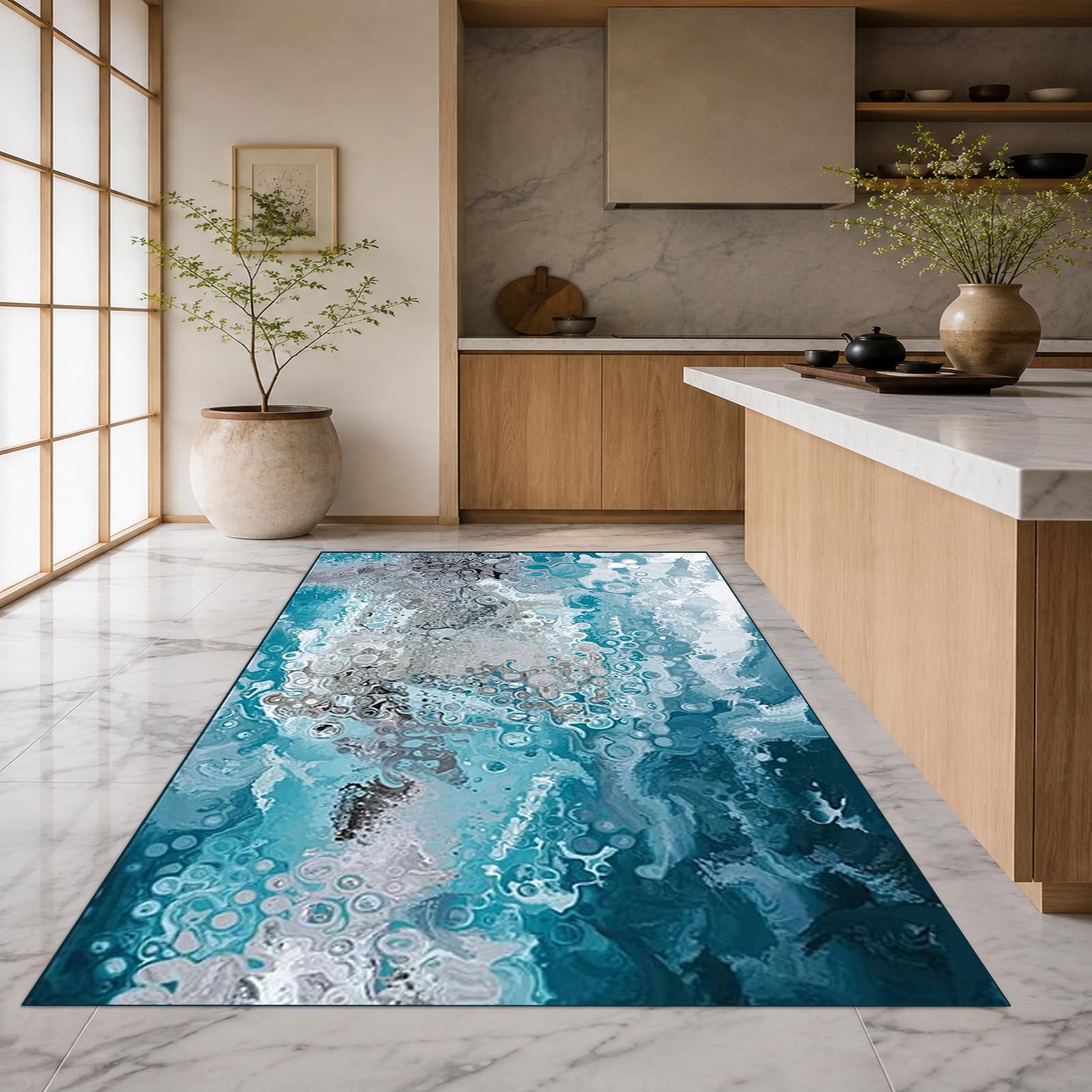 Tapis Carré, 200 x 200 cm, Abstrait Bleu Gris Blanc Noir, Tapis Salon Grande Taille Moquette pour Salle de séjour, Chambre,