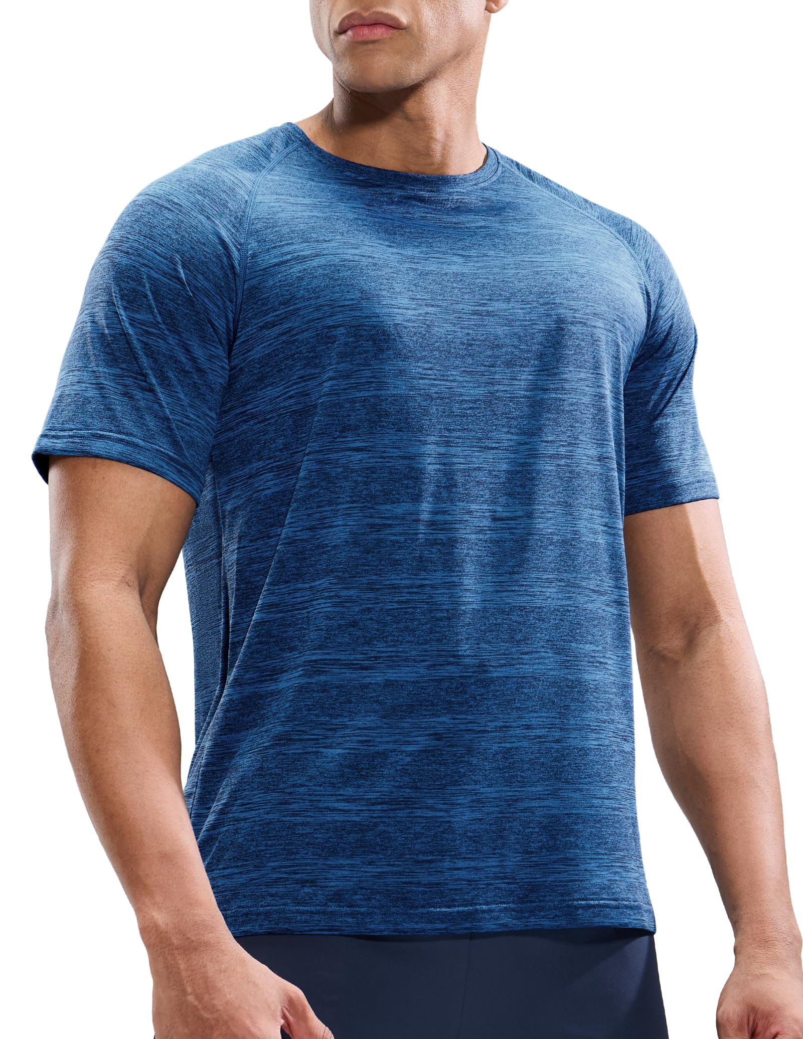 MIER Mens Heather Blue T Shirts Short Sleeve Quick Dry Active Tee for Running Workout Gym, Stripe L