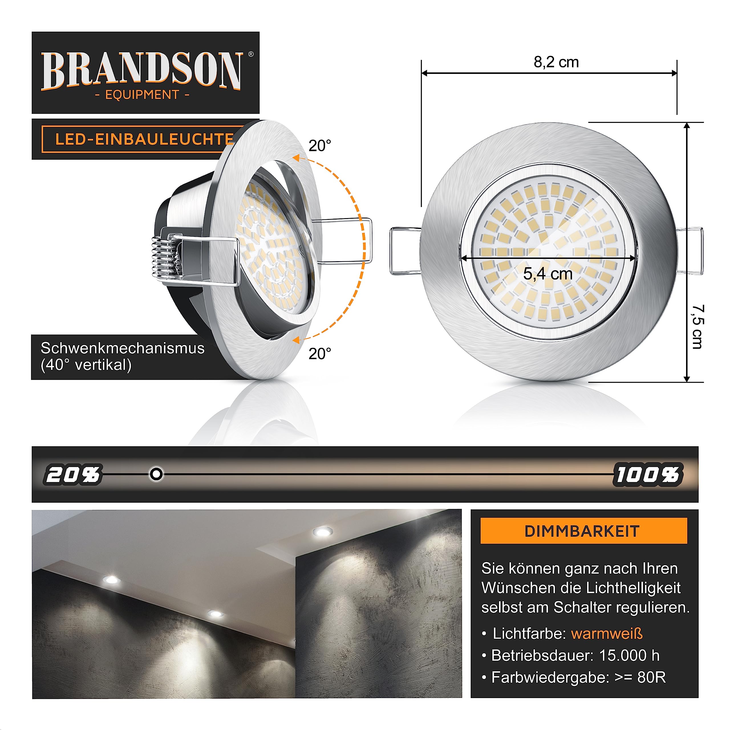 Brandson - 12x LED Deckenspot dimmbar und schwenkbar - Ultra Flache Spots Einbauleuchte - Einbauspot Deckenstrahler - Slim Aluminium Rahmen Edelstahl Optik - Abstrahlwinkel 120 Grad - 230V