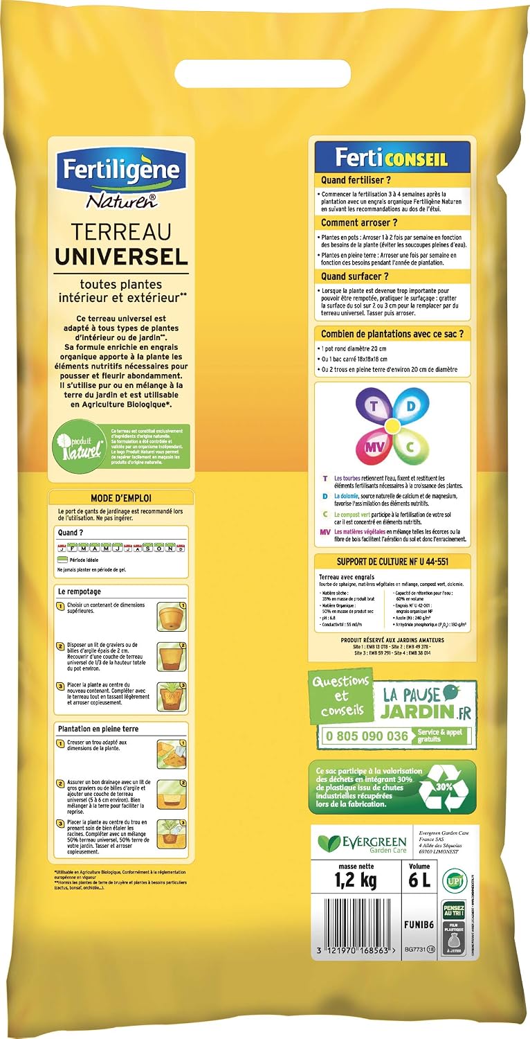 FERTILIGENE NATUREN FUNI6P - Terreau Universel Plantes Intérieur et Extérieur UAB 6 L -Accroît les récoltes-Favorise la floraison et l'enracinement -Terreau avec engrais organique - Fabriqué en France — vue 3