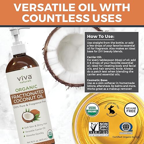 Miniatura 7 de Viva Naturals Aceite de coco fraccionado orgánico - Increíble aceite de masaje y aceite portador para aceites esenciales - Hidratante facial y