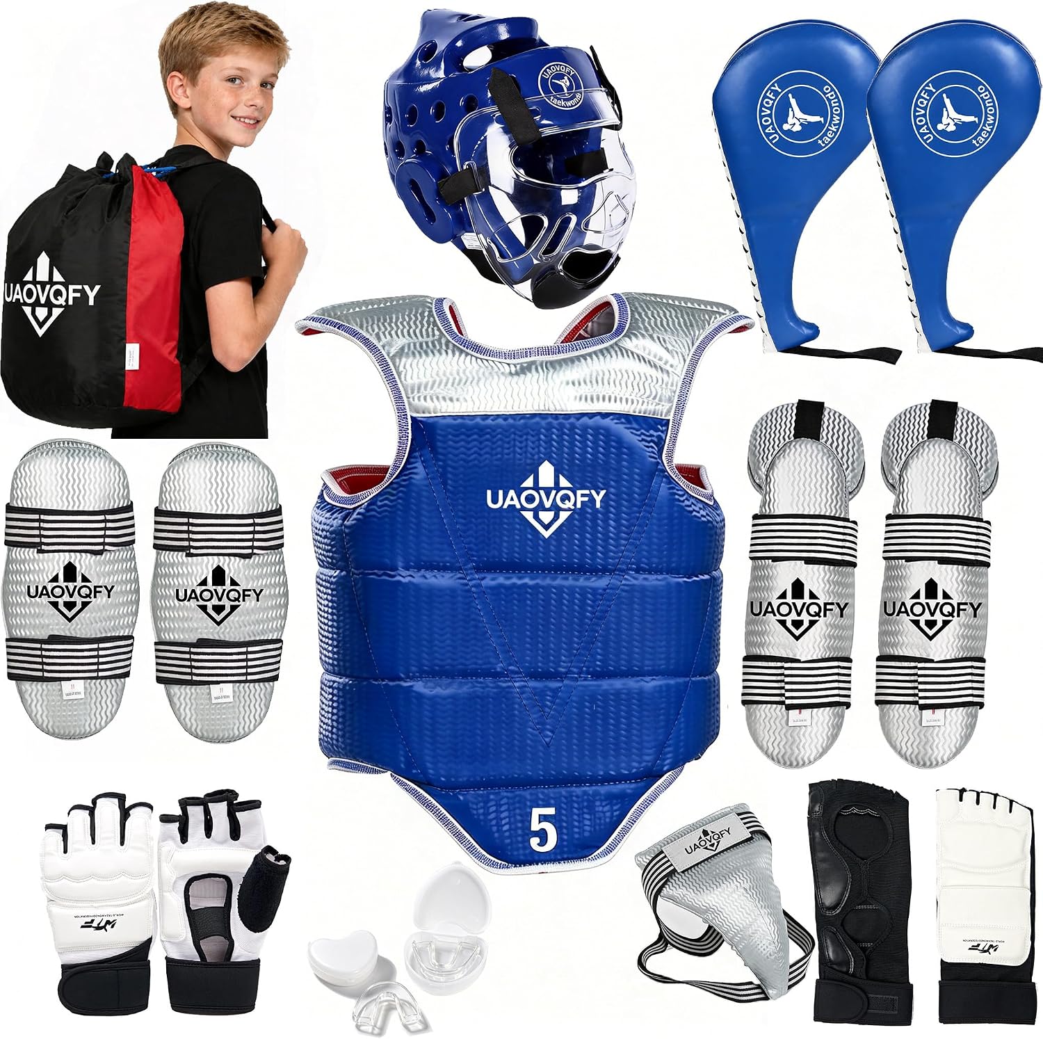 17PCS Taekwondo Sparring Gear Set, Complete Karate Protective Equipment for Kids Youth Adults with Helmet, Chest Guard, Gloves, Arm & Shin Guards, Foot Pads & Carry Bag