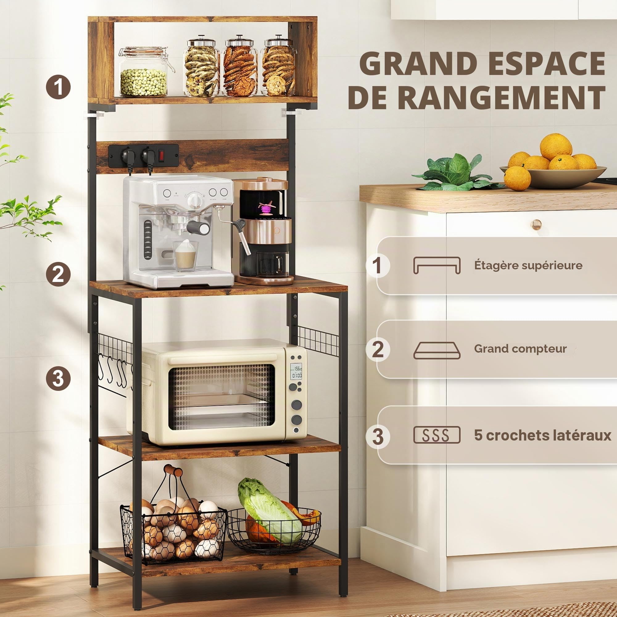 HOMCOM Étagère de Cuisine, étagère sur Pied avec 5 Crochets en S, 5 étagères, Prise de Courant, Bar à café avec entretoises en X, étagère de Boulangerie en Acier pour Cuisine, Salle à Manger, Marron