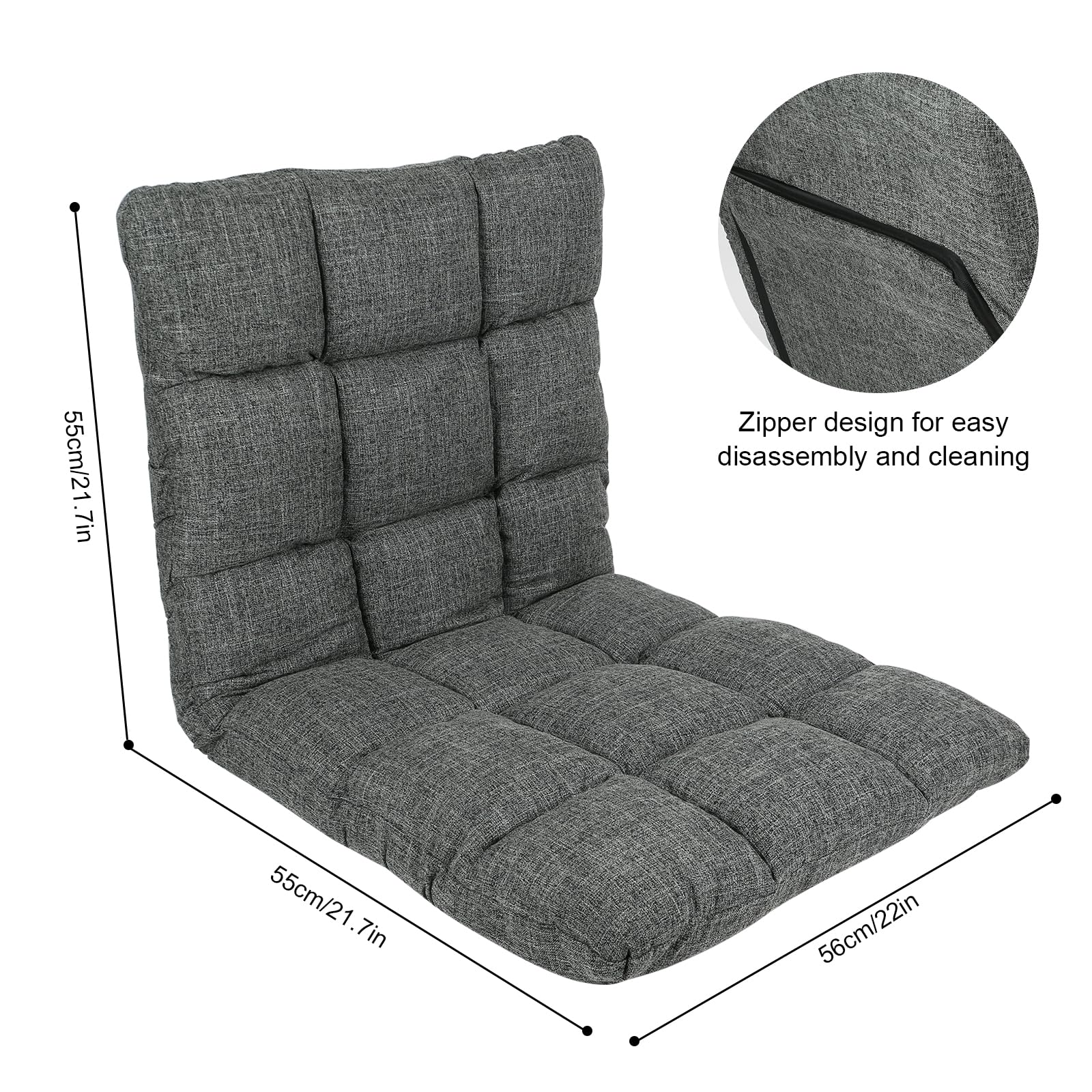Sedia pieghevole da pavimento, divano letto regolabile, portatile, imbottita, con supporto per la schiena, per leggere, riposare, giocare (grigio)