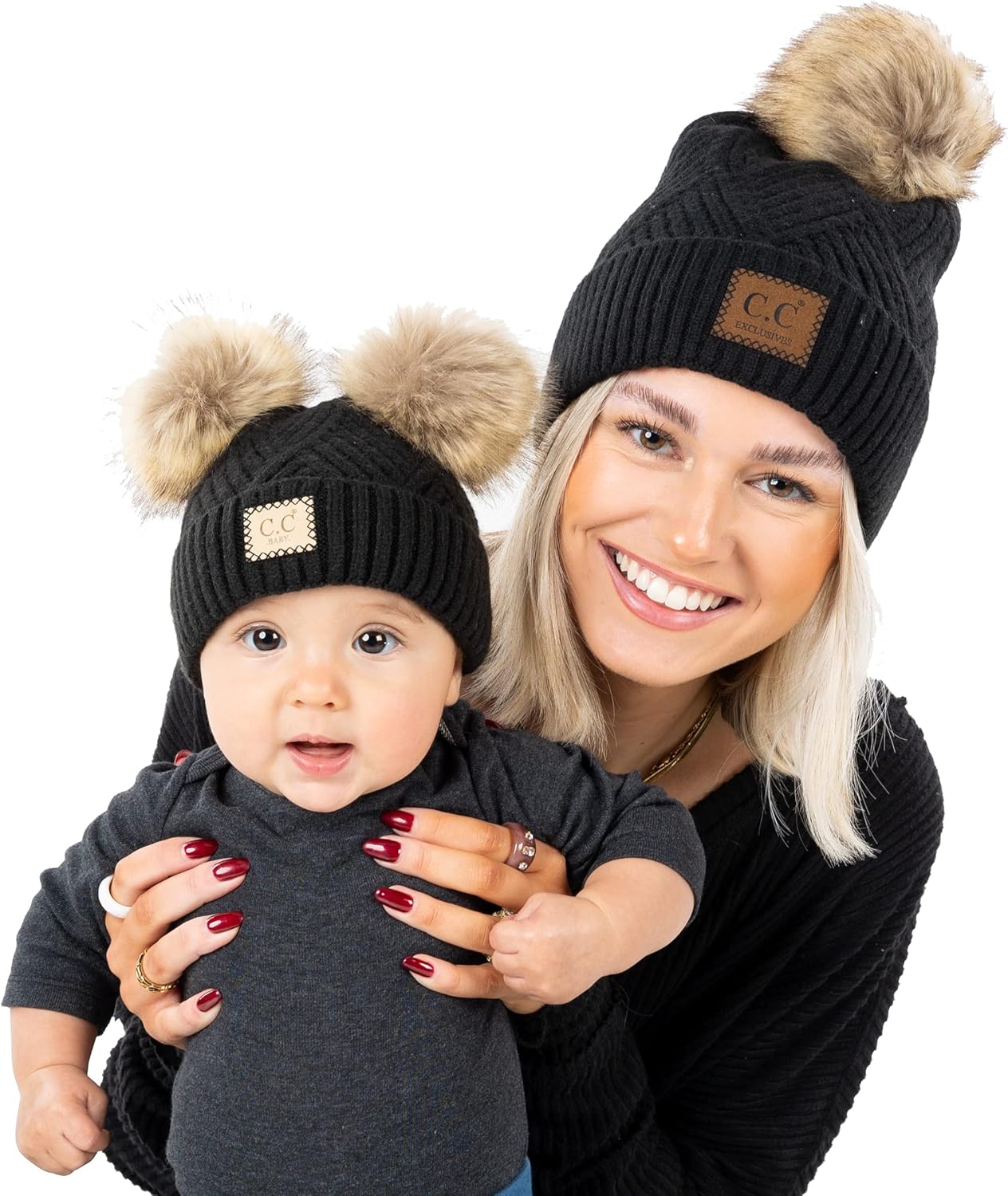 Funky Junque Mommy & Me Double Pom Beanies – Mama & Mini Matching Winter Outfits, Mom & Infant Baby Girl Beanie Hat Set