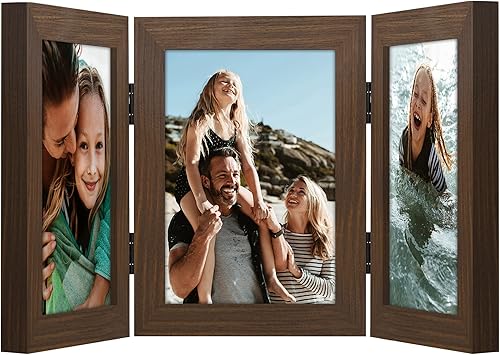 Miniatura 6 de Americanflat Marco de fotos con 3 bisagras en madera de fibropanel de densidad media de nogal  Marco de fotos de escritorio para fotos de 5 x 7