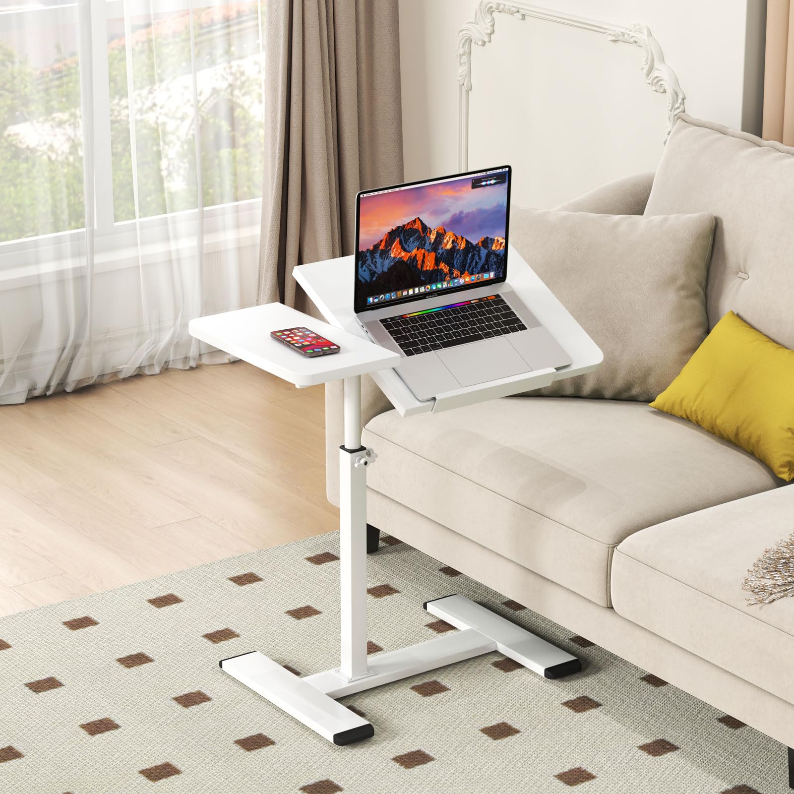 Awoyep Beistelltisch mit Rollen C-Form Höhenverstellbar, für Sofa Büro | Couchtisch Holz, 180° Neigbarer Platte Stehpult, Stabil Laptoptisch, Mobiler Schreibtisch für Wohnzimmer, Schlafzimmer