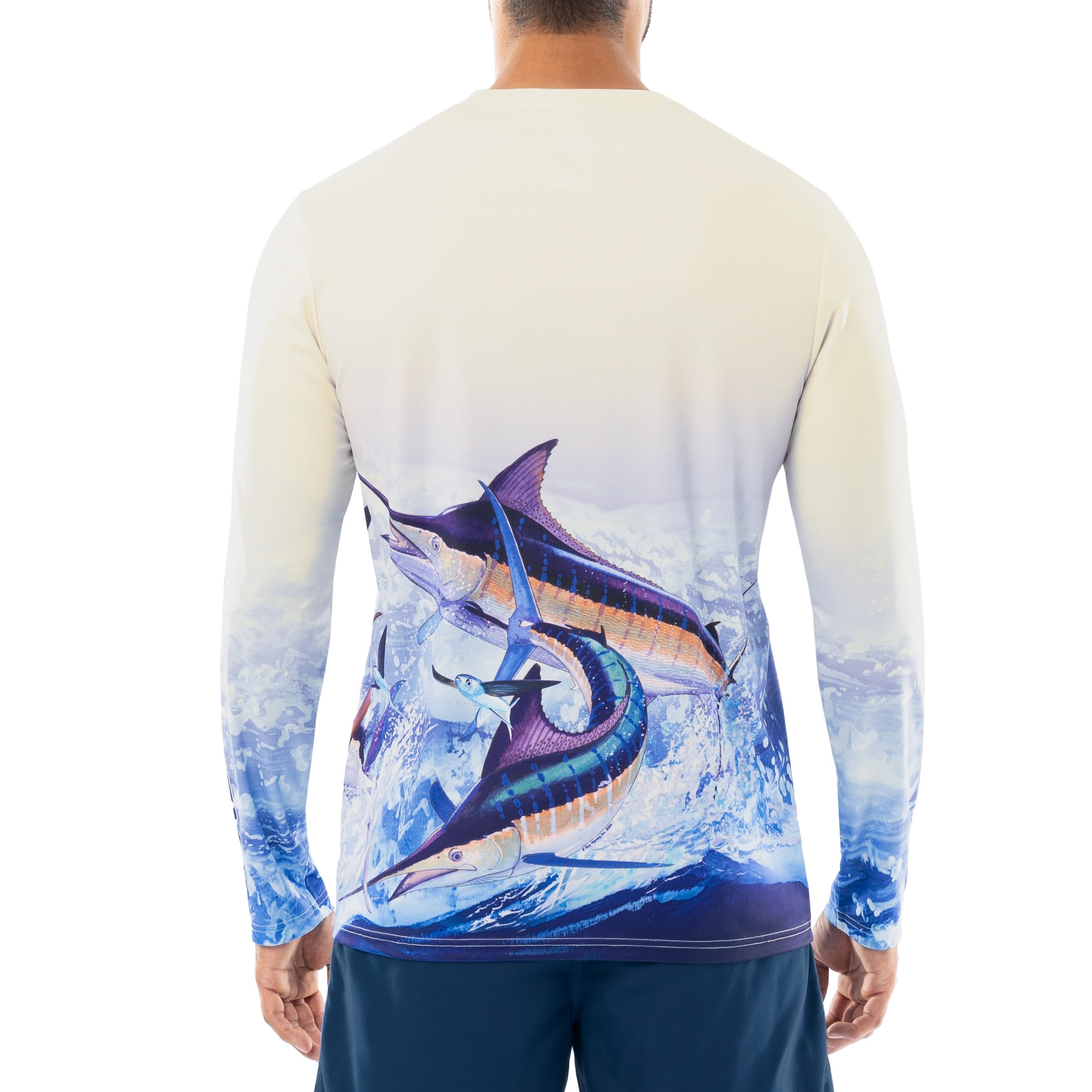 Guy Harvey Men's Long Sleeve Performance T-Shirt with UPF 30+ Sun Protection, Almond Milk/Billfish Sgs, Large