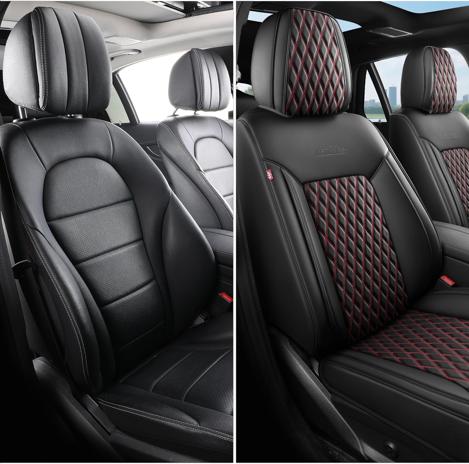 Front Car Seat Covers 2PCS,Universal Fit 3D Design Nappa Leather Waterproof Car Seat Protector Cushion,Style1 Black Red Line