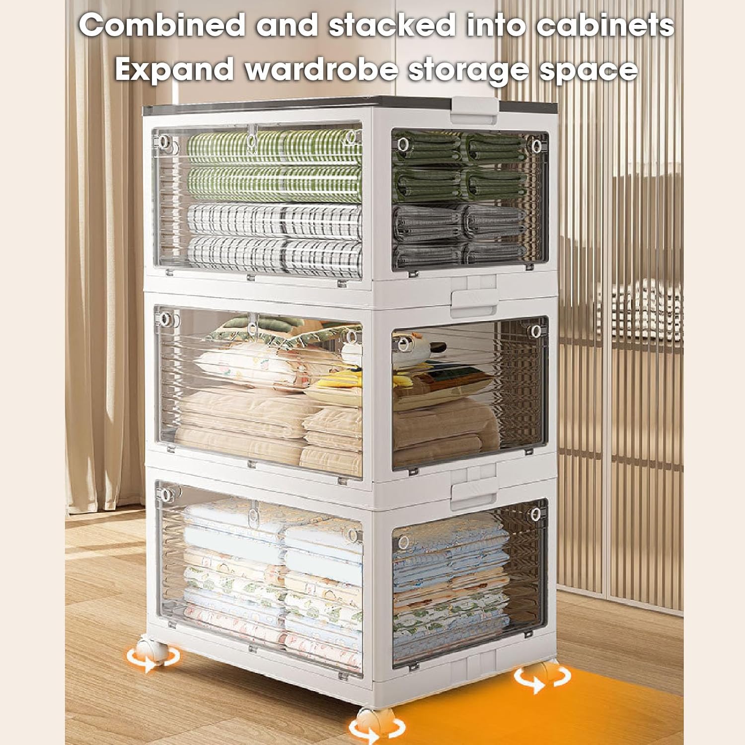 Foldable Storage Bins with Wheels | Stackable Transparent Organizer | 5 Opening Ways for Easy Access | Toy/Craft/Pantry Storage Box