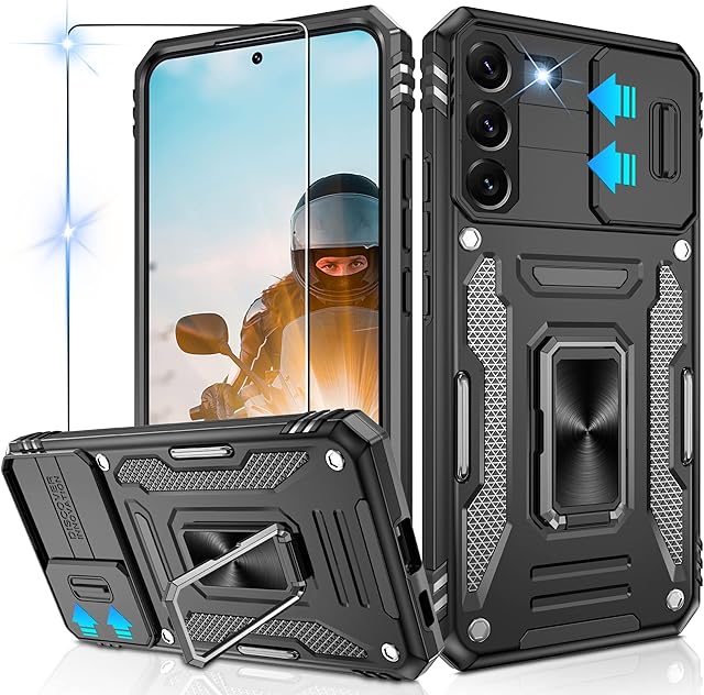 Designed for Samsung S22 Case with [Upgraded] Slide Camera Cover,Military Grade Shockproof S22 Case with Ring Kickstand, Anti-Scratch Armour Phone Cover for Samsung Galaxy S22,Black