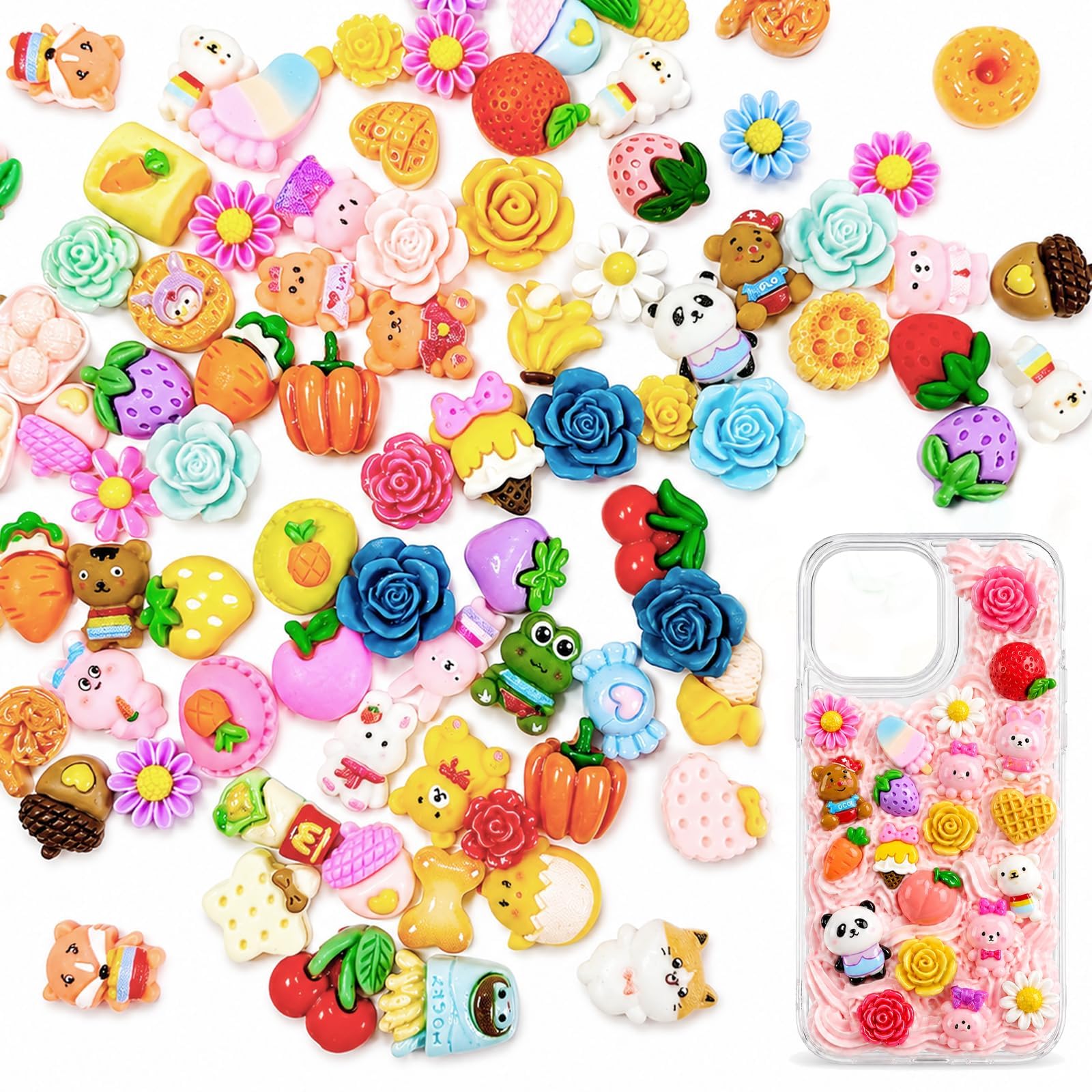Quelcc 100 Piece Mixed Slime Charms Set, Cute Resin Charms, Colourful Slime Accessories for Jewellery Making, Phone Cases, Hair Clips, Scrapbooking, including Desserts, Animals, Fruits, Flowers
