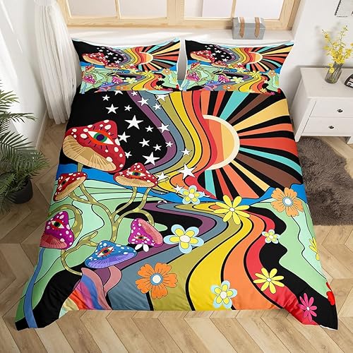 Miniatura 24 de Juego de funda de edredón Kawaii de hongos bohemios, juego de cama para el sol, funda de edredón hippie con diseño floral y groovy, tamaño Multi