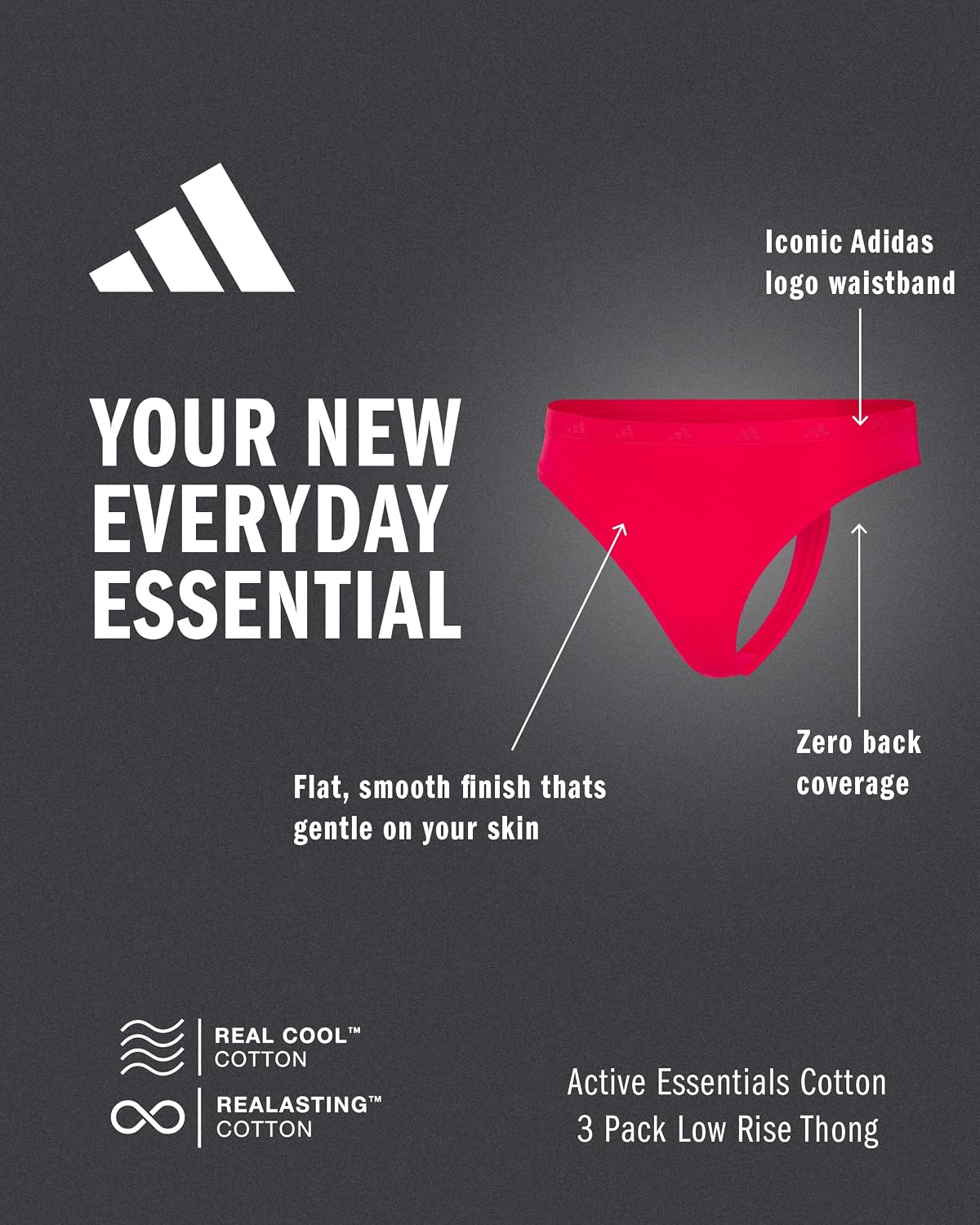 adidas Women's Active Essentials Low Rise Cotton Thong Underwear