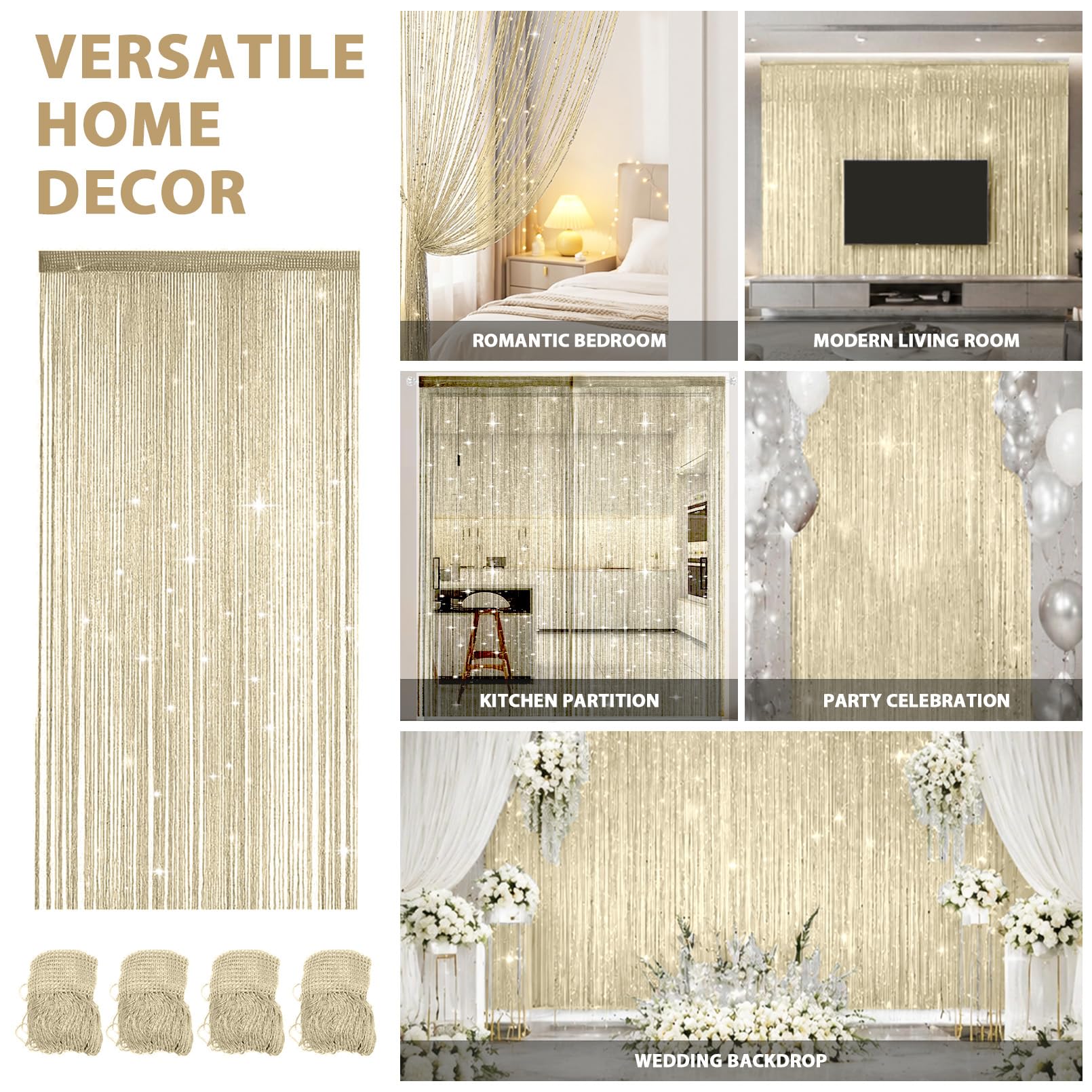 Set di 4 tende a fili glitterate da 100 x 200 cm, tenda per porta e divisorio in perle, per matrimoni, bar e balconi, protezione dagli insetti e decorazione in una (champagne)