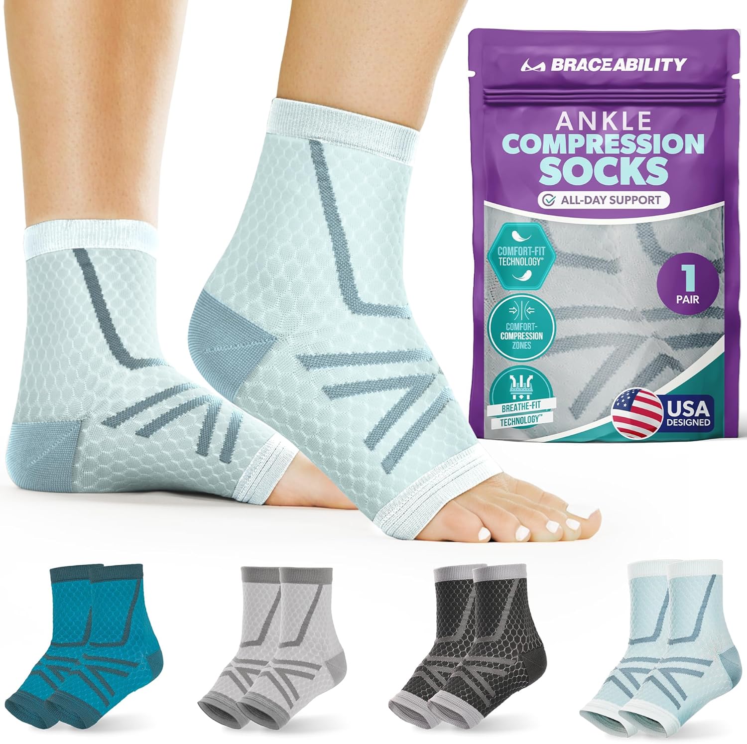 BraceAbility Athletic Ankle Compression Socks for Men and Women - Toeless Running Ankle Brace Support Sleeves for Sports, Workouts, Plantar Fasciitis, Achilles Tendonitis, Foot Pain (XL - Light Blue)