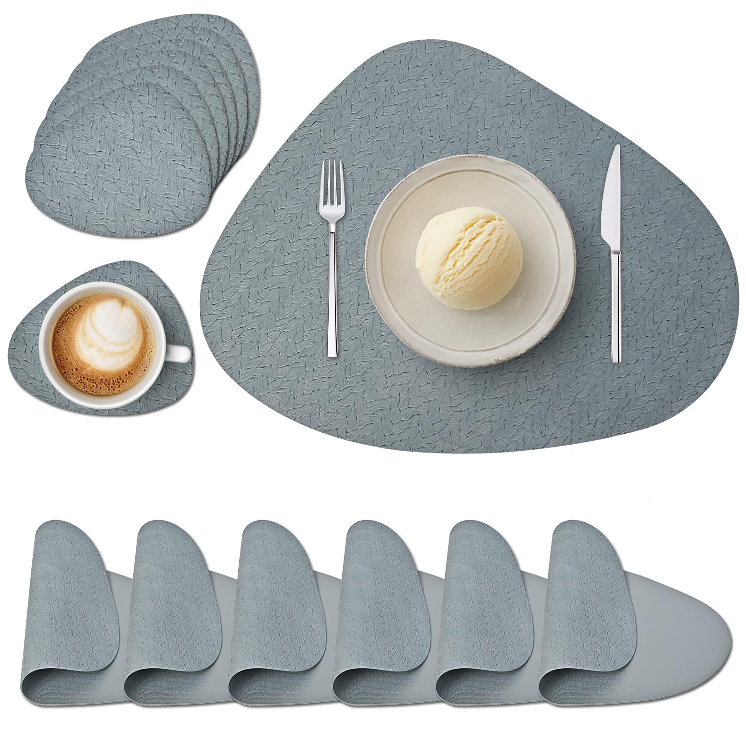 Placemats and Coasters Sets of 6, PU Leather Round Table Mats Heat-Resistant Washable Non-Slip Place Mats for Kitchen Indoor Outdoor (Blue)