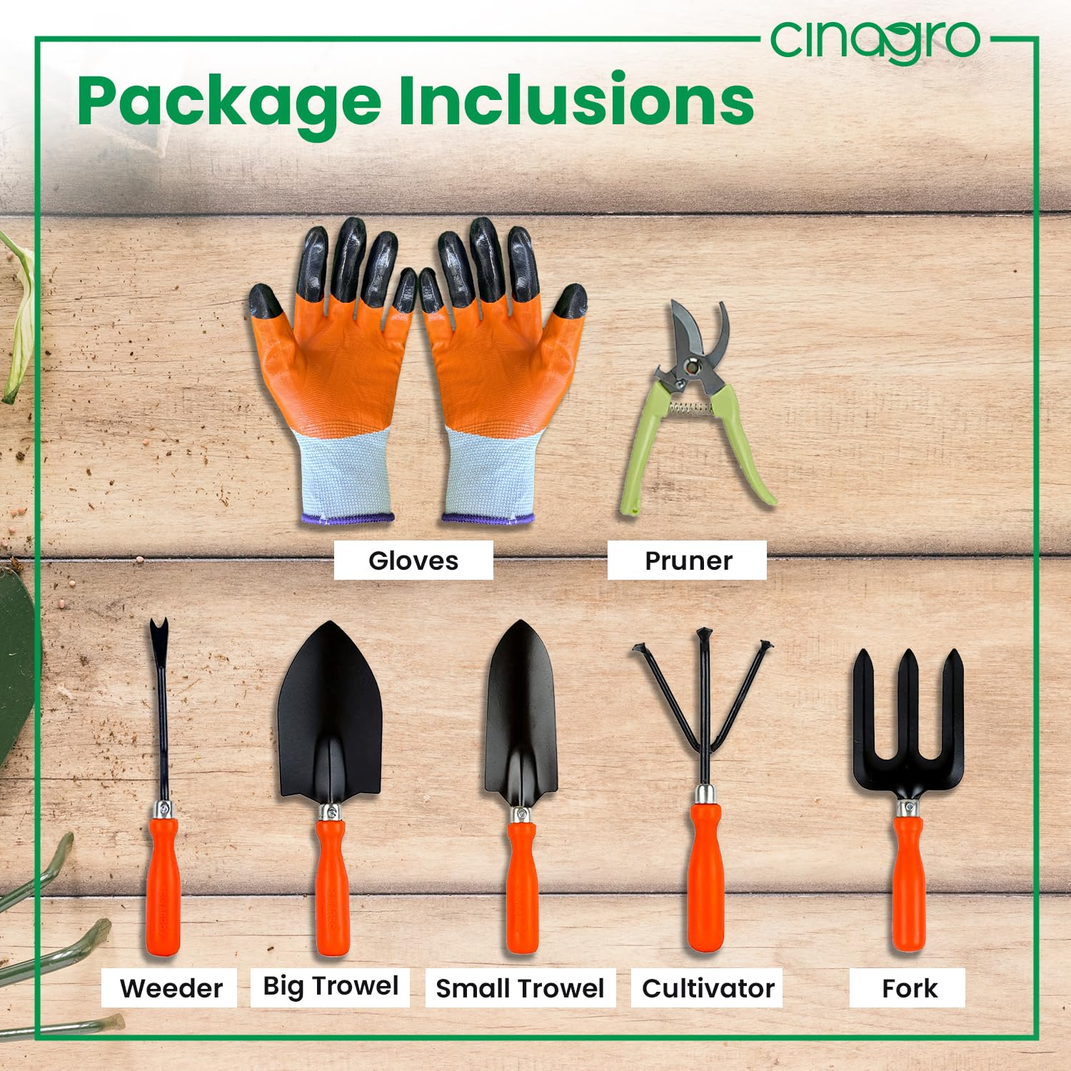 Cinagro Garden Tools Kit Set of 7, Weeder, 2 Trowels, Hand Fork, Cultivator 1