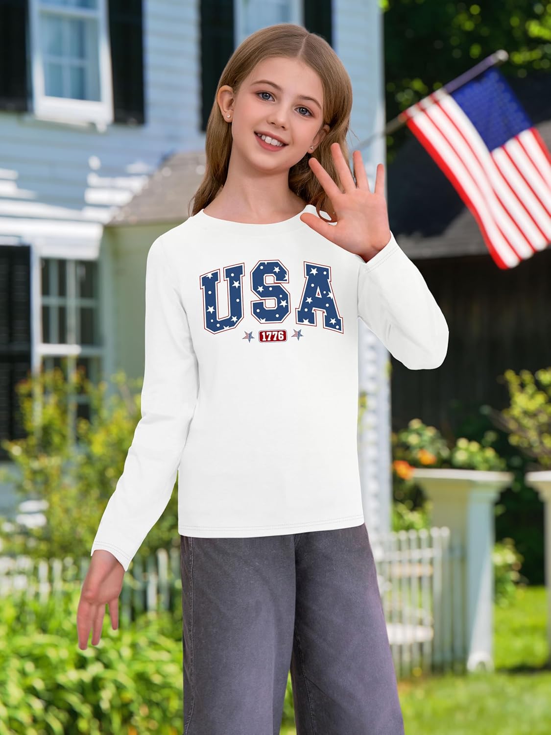 4th of July Outfit Kids Girls American T Shirt USA T-Shirt Fourth of July Tops Patriotic Long Sleeve Tops - Image 4