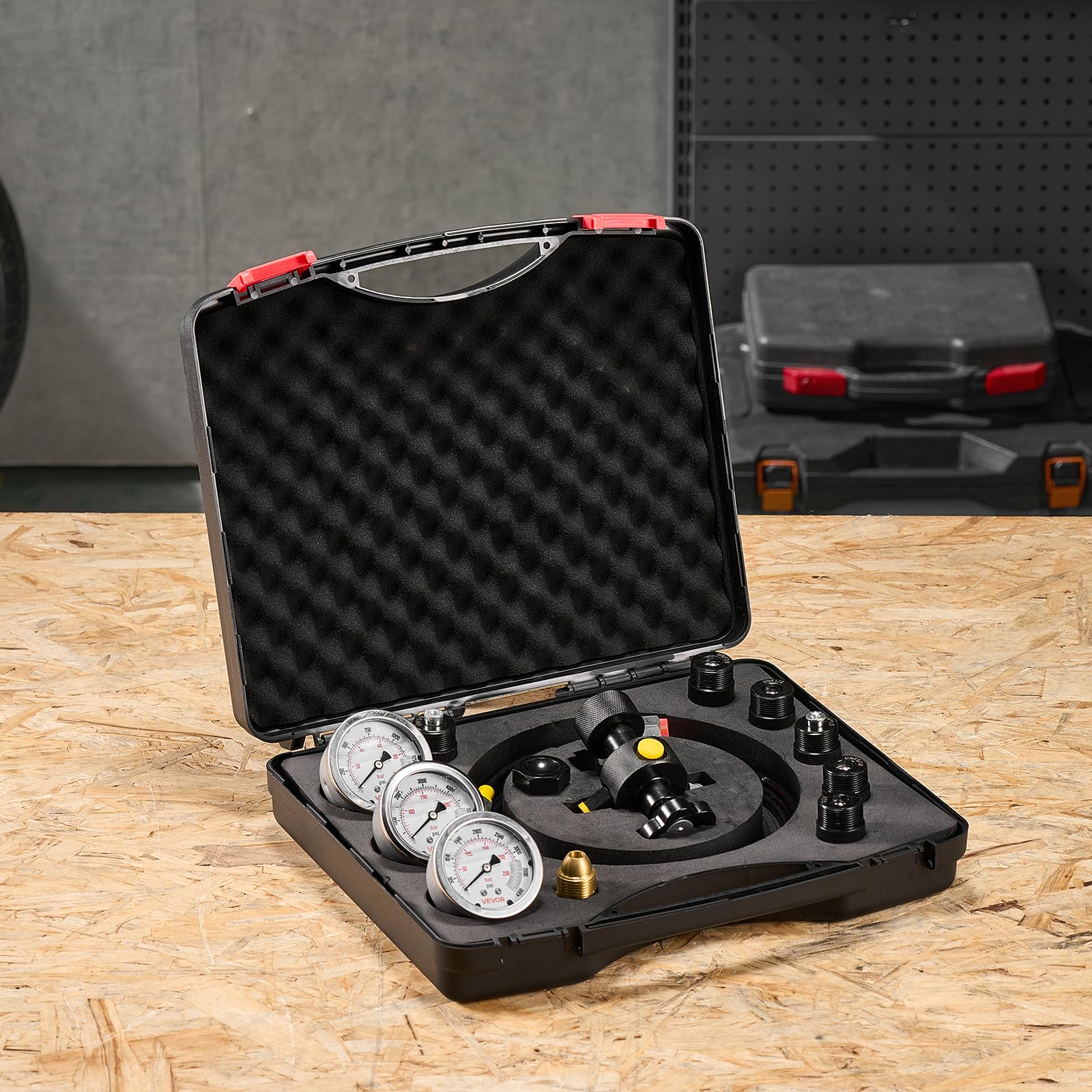 VEVOR Kit de Carga para Almacenamiento Hidráulico de Nitrógeno, Impermeable, con 3 Manómetros 103/276/414 bar, 6 Acopladores Adaptadores, 1 Manguera de Gas, 1 Válvula, 1 Adaptador CGA580, Negro