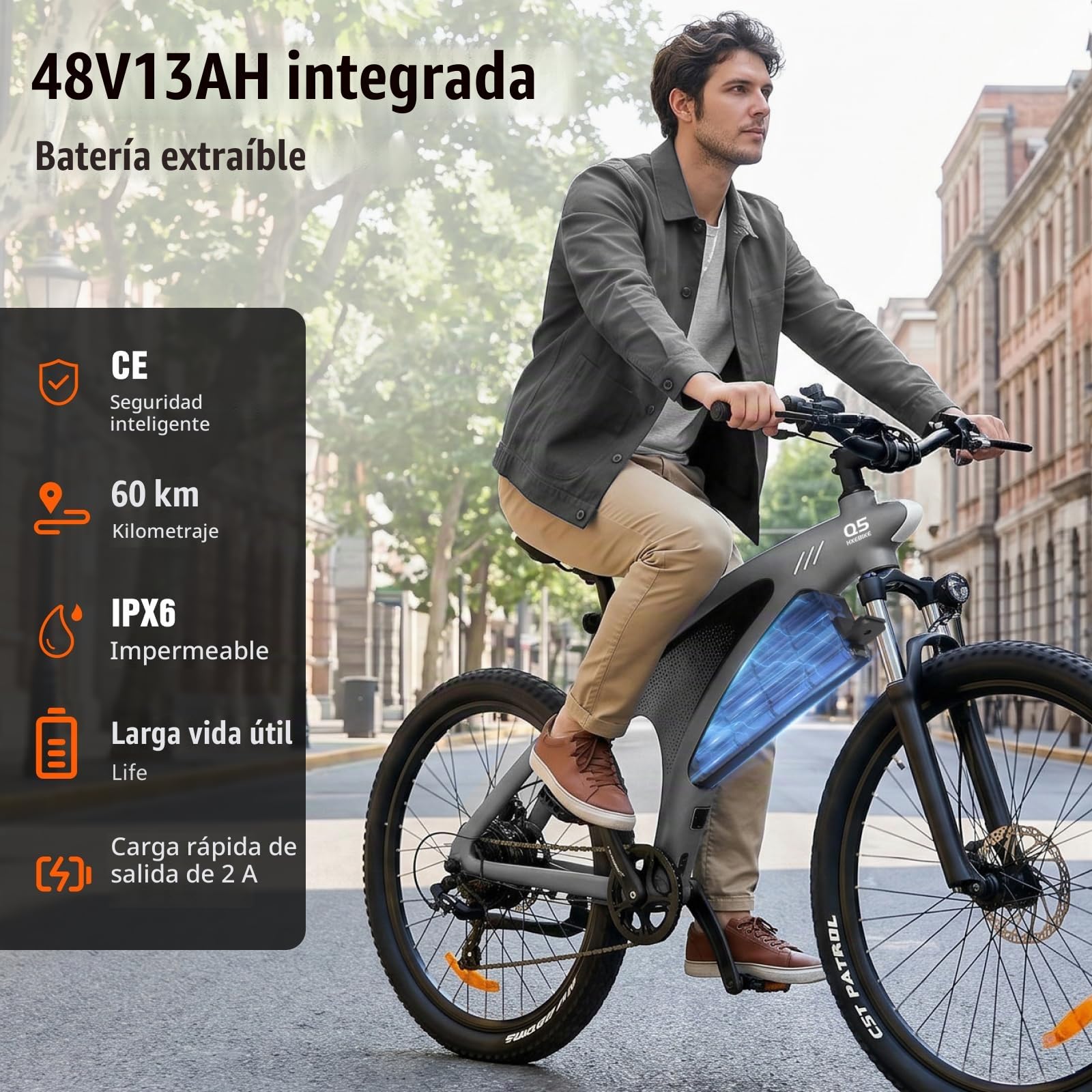 HX Q5 Shark Bicicleta Eléctrica Adulto de Montaña, 27.5" Bicicleta Eléctrica Urbana, Motor 85 NM,13/20 Ah, Autonomía 40-220 km, Suspensión Ajustable y Frenos de Disco Hidráulicos Ebike
