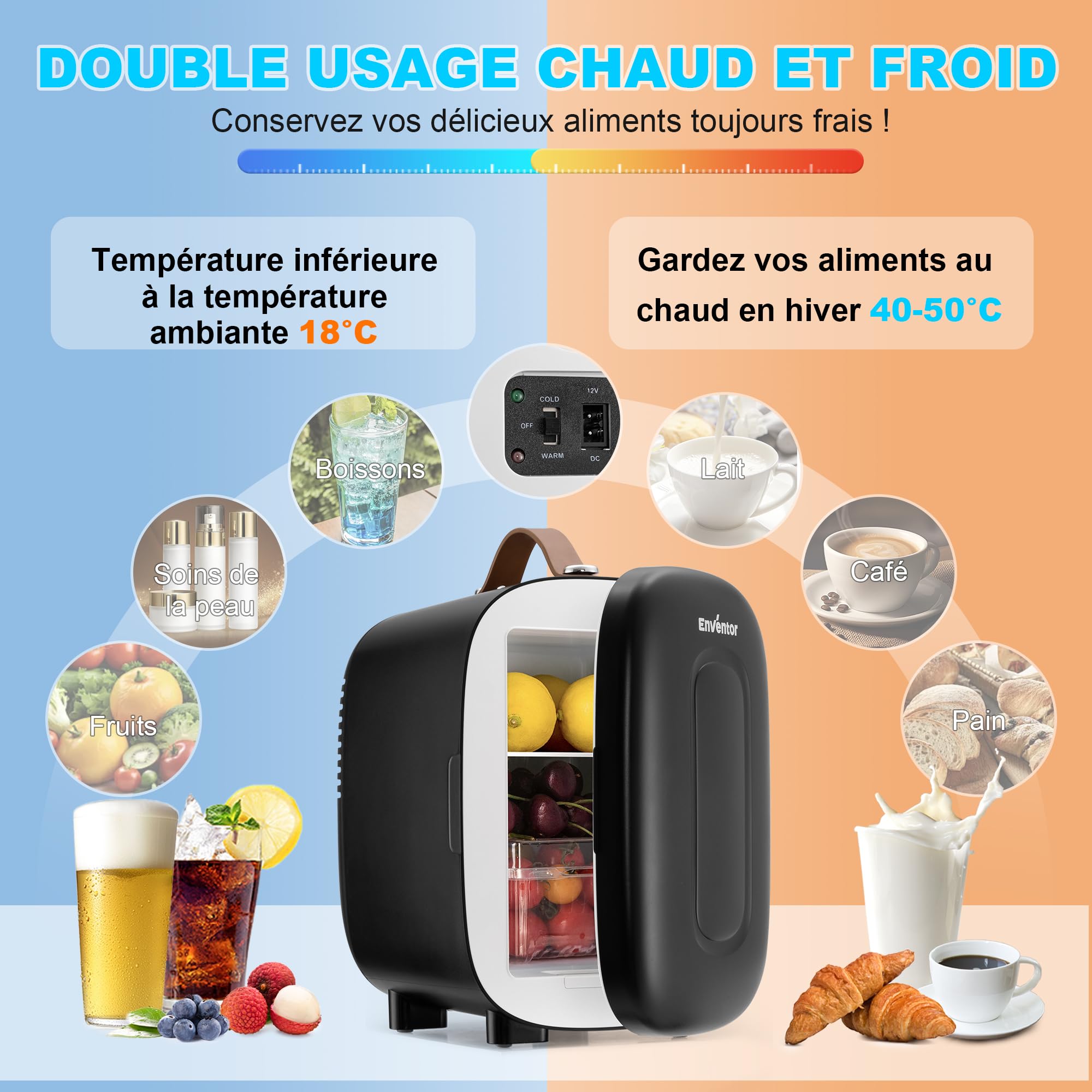 Enventor Mini Frigo 4 litres 6 canettes Alimentation CA 12V CC Glacière Réchaud Portable Noir