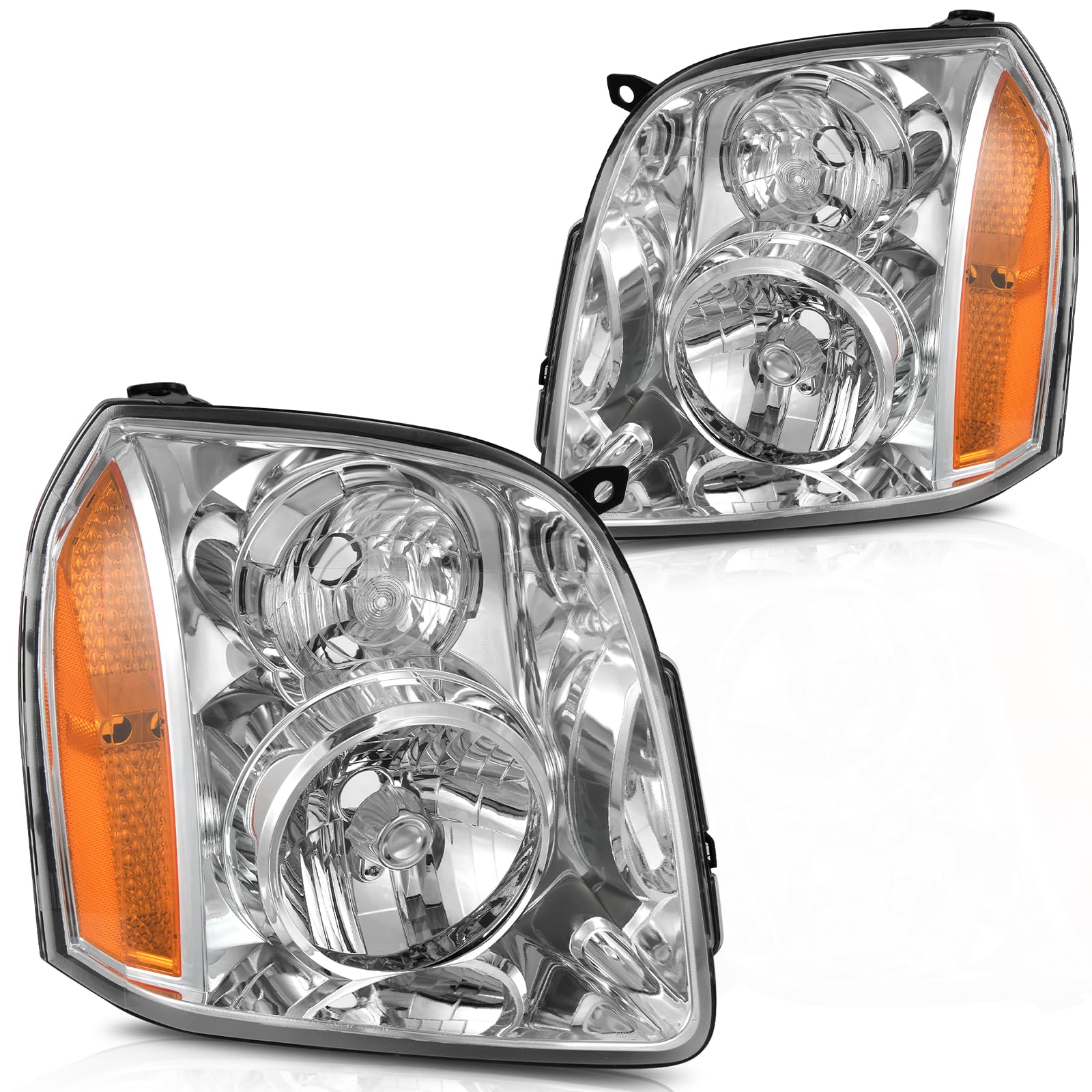 Photo 1 of DWVO Headlight Assembly Compatible with 2007 2008 2009 2010 2011 2012 2013 2014 GMC Yukon XL 1500 2500 Headlamp Passenger and Driver Side Chrome Housing Clear Lens Amber Reflector