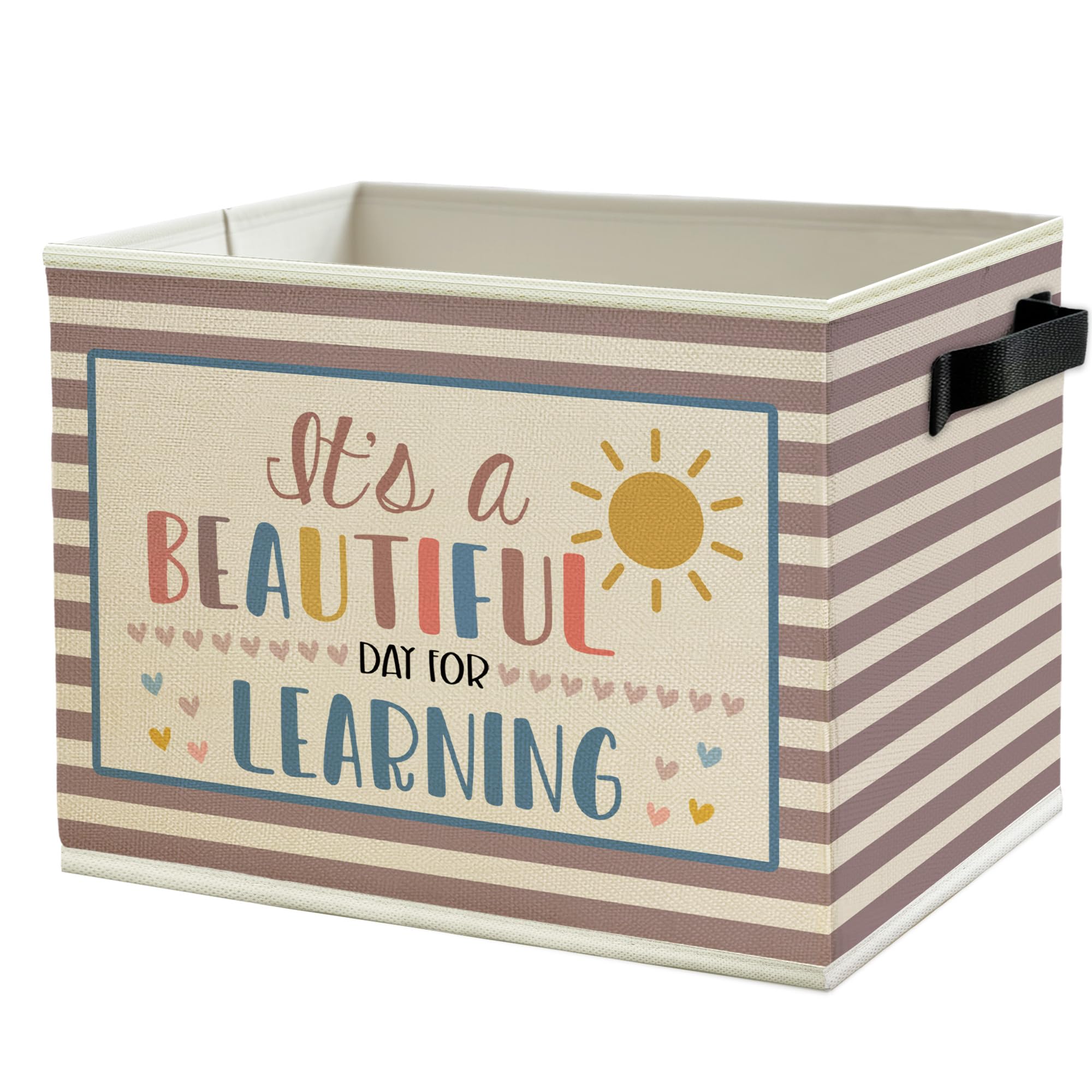 Boho Classroom Storage Bins Box with Handles, It's a Beautiful Day for Learning Neutral Striped Collapsible Basket Organizer for Classroom Kids Room Bedroom Playroom Books Clothes