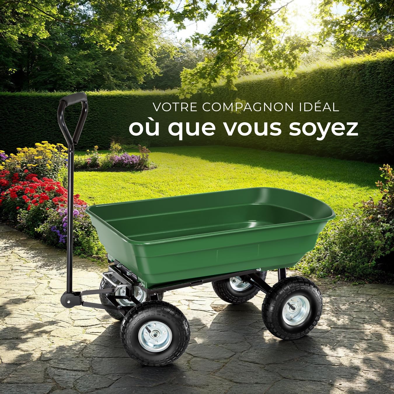 tectake® Chariot à roulettes Tout-Terrain Brouette Jardin 4 Roues avec Benne basculante Capacité Max. 300kg Chariot à roulettes de Jardin Jardinage Charette pour Transport Sable, Bois