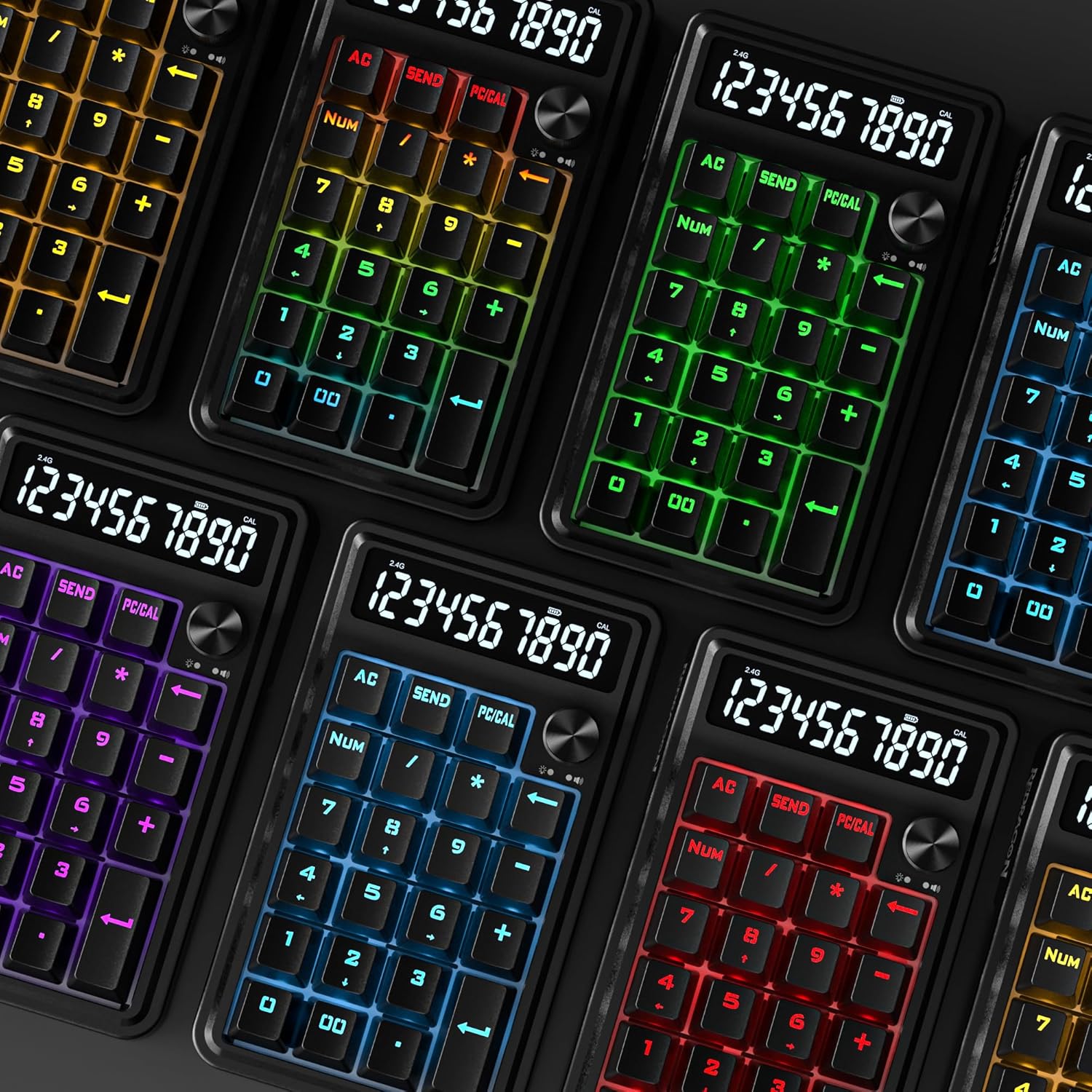 Multiple Redragon K733 PRO Number Pads displayed with different RGB lighting colors, showcasing the variety of available lighting effects.