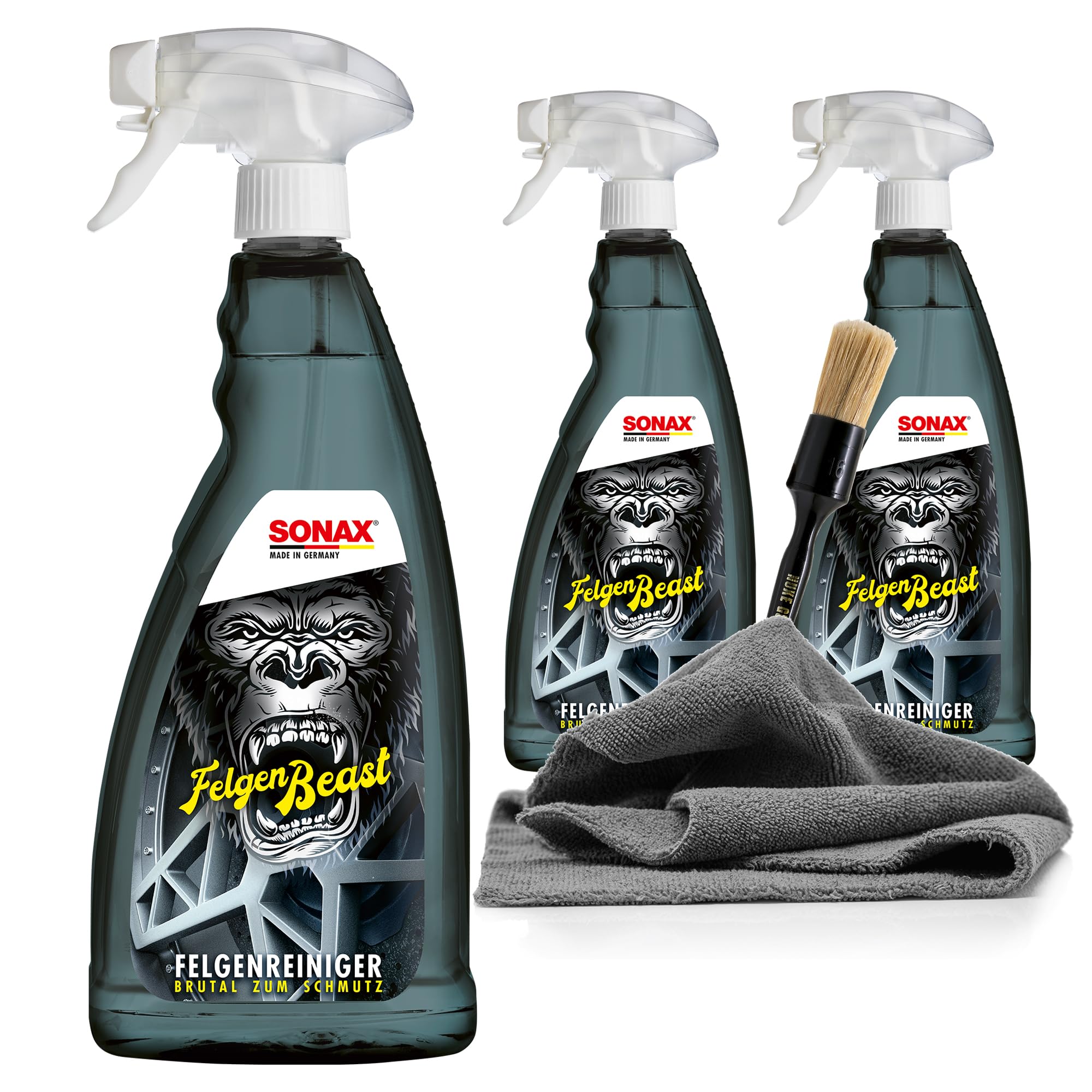 detailmate Felgen Reiniger Set - 3X SONAX FelgenBeast Felgenreinger 1L + Allrounder Mikrofasertuch 40x40cm, 380 GSM + Nuke Guys Reinigungspinsel