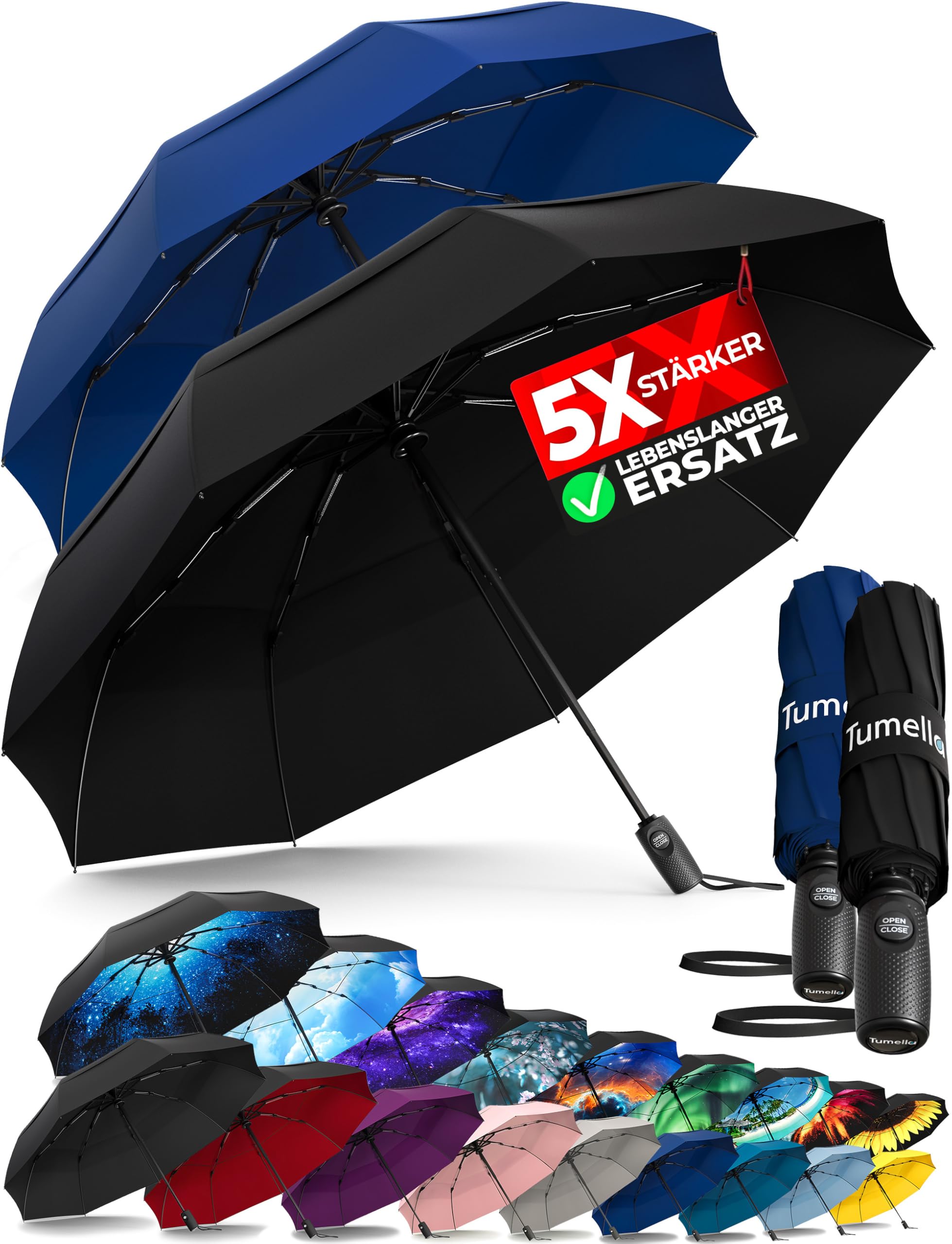 TUMELLA Stärkster sturmfester Reiseschirm (kompakt und hochwertig), kleiner, robuster, aber leichter, tragbarer und automatisch zusammenklappbarer Regenschirm, langlebiger Premium-Griff
