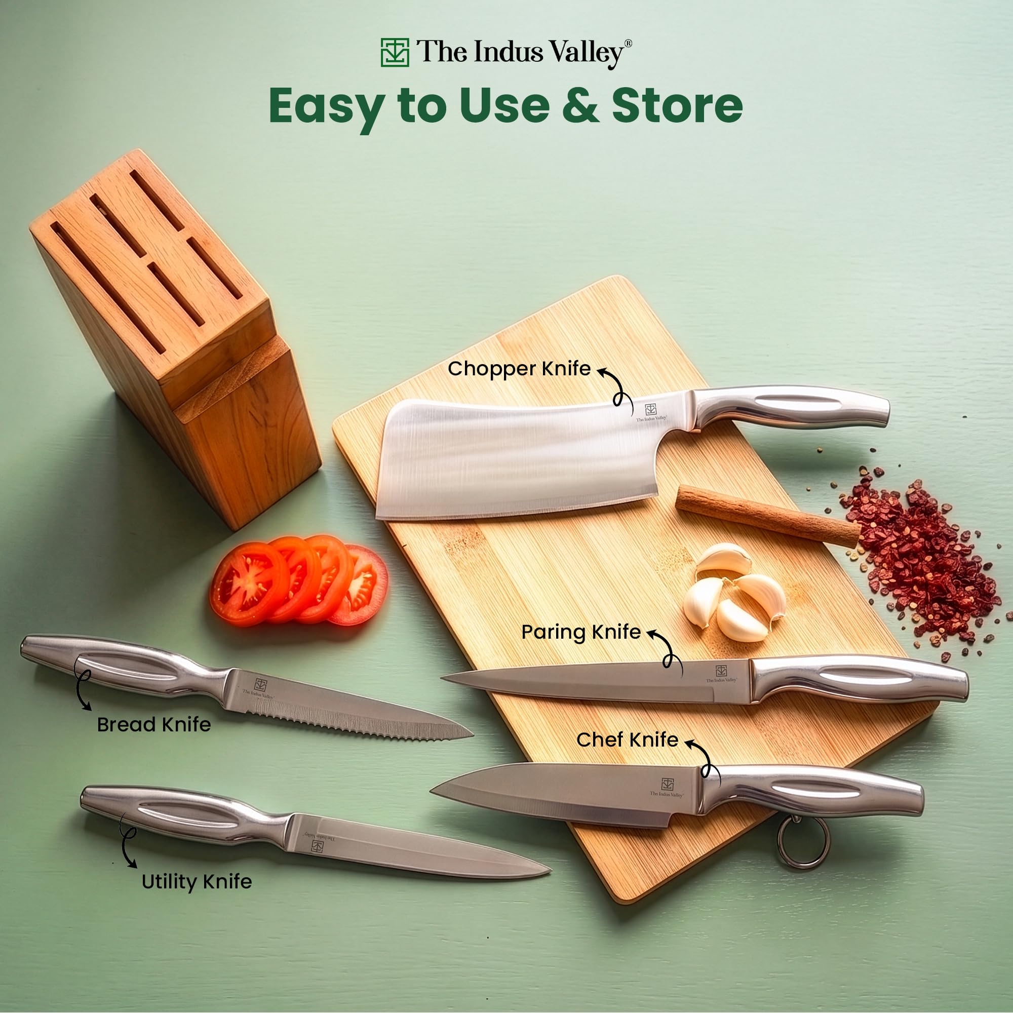 Indus Valley Stainless Steel Knife Set - 5 Piece with Stand -7 Indus Valley Stainless Steel Knife Set - 5 Piece with Stand -7