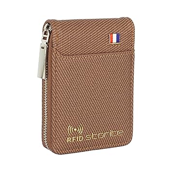 Storite 9 Slot Vertical RFID Leather Woven Pattern Credit Debit Card Holder Money Wallet Zipper Coin Purse for Men Women – (Brown-11.5 x 2 x 8 Cm) - image, photos