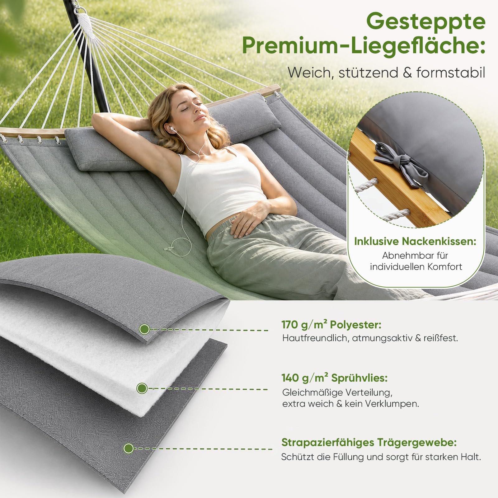 Sekey XXL Hängematte ohne Gestell für 2 Personen, 140 x 200 cm Gesteppte Doppelhängematte, bis 200 kg belastbar, inklusive Nackenkissen & Tragetasche, Stabhängematte für Garten Balkon Terrasse, Grau