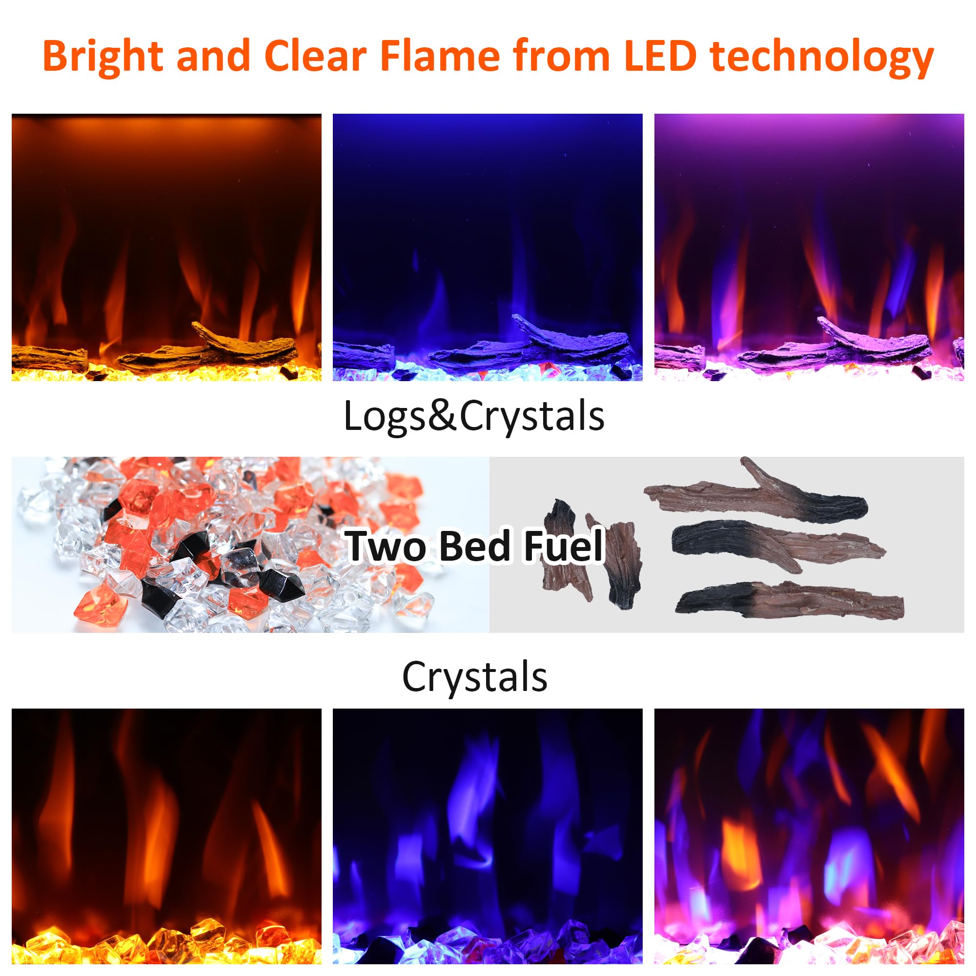 Images showing various flame and ember bed combinations, including logs and crystals, crystals only, and logs only, with different flame colors.
