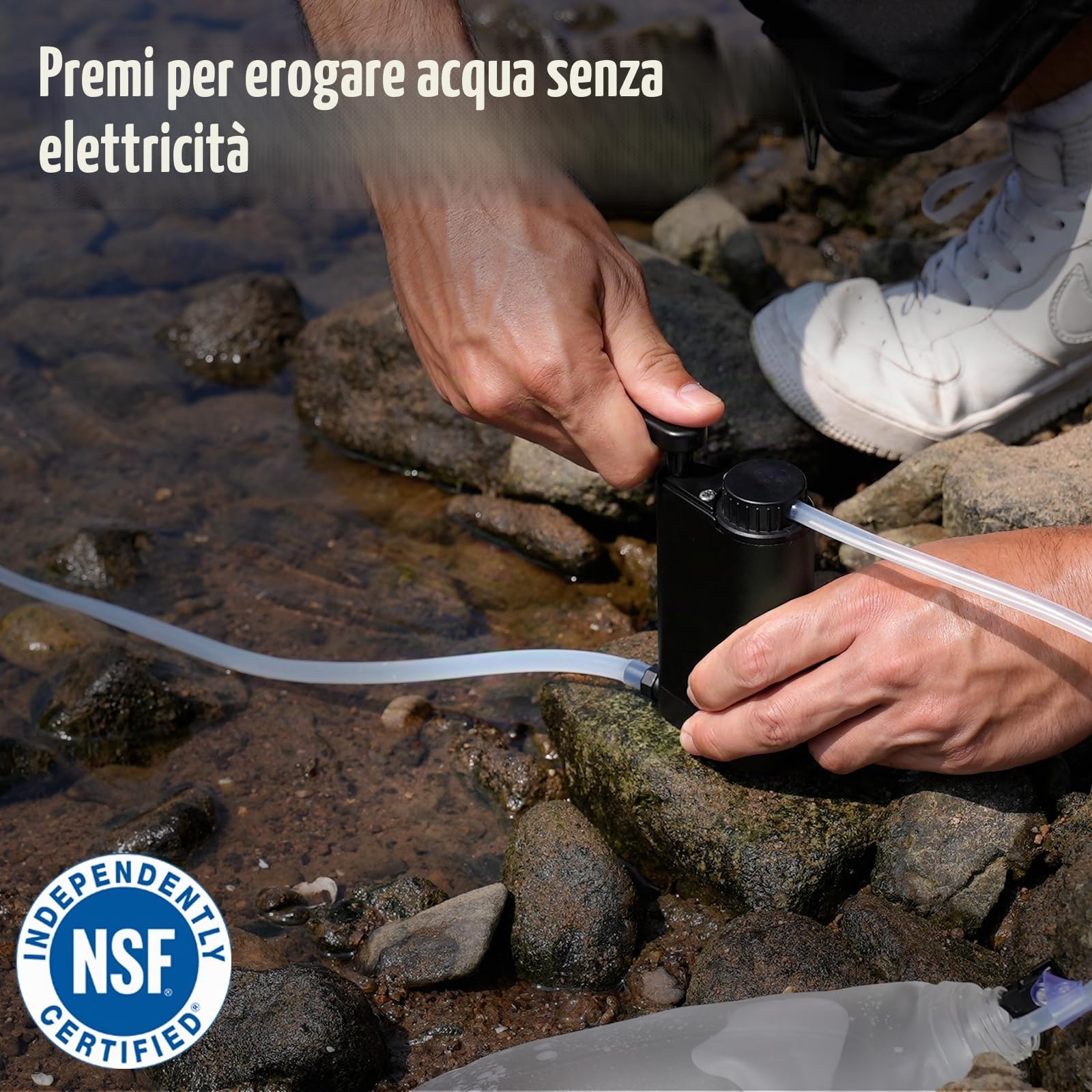 Filtro dell'acqua per esterni di sopravvivenza – Filtro acqua potabile in metallo con capacità di filtro da 6000 l depuratore d'acqua portatile per campeggio escursioni emergenze ecc. (Nero)